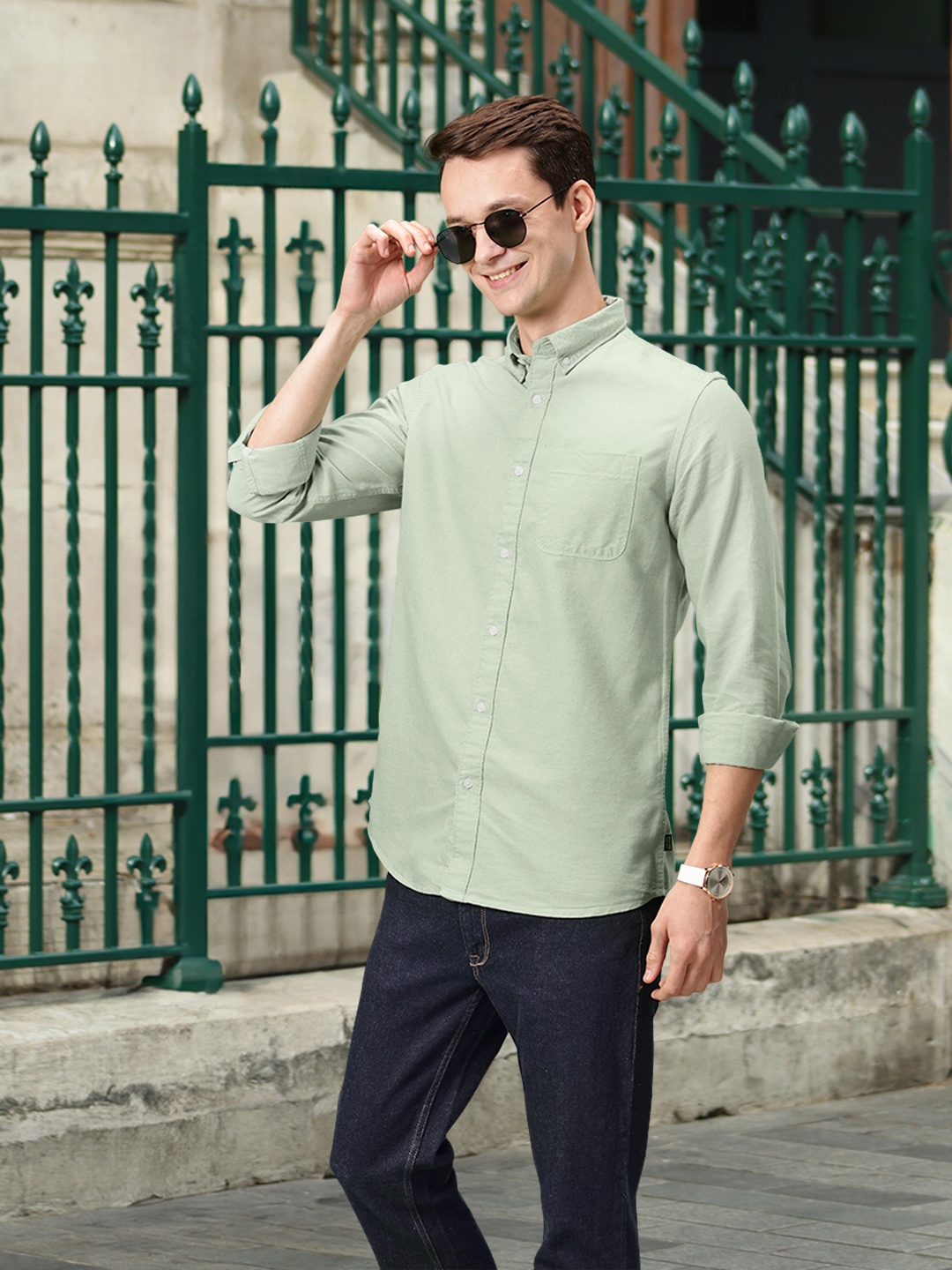 

Flying Machine Button-Down Collar Pure Cotton Casual Shirt, Green