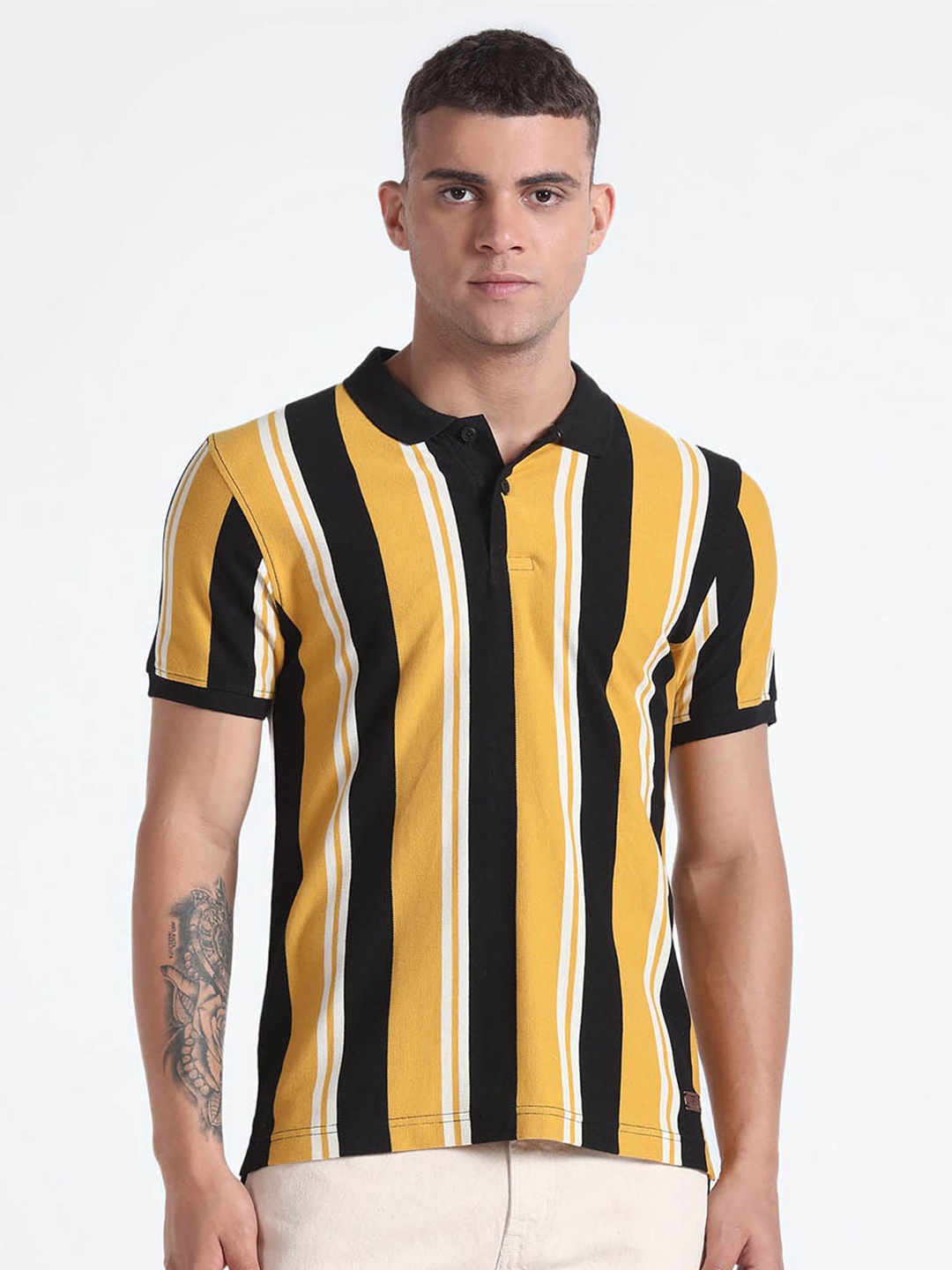 

Flying Machine Striped Printed Polo Collar Regular Fit Cotton T-shirt, Yellow