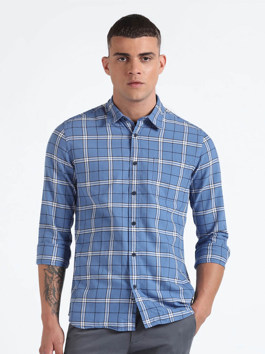 

Flying Machine Slim Fit Tartan Checks Pure Cotton Casual Shirt, Blue