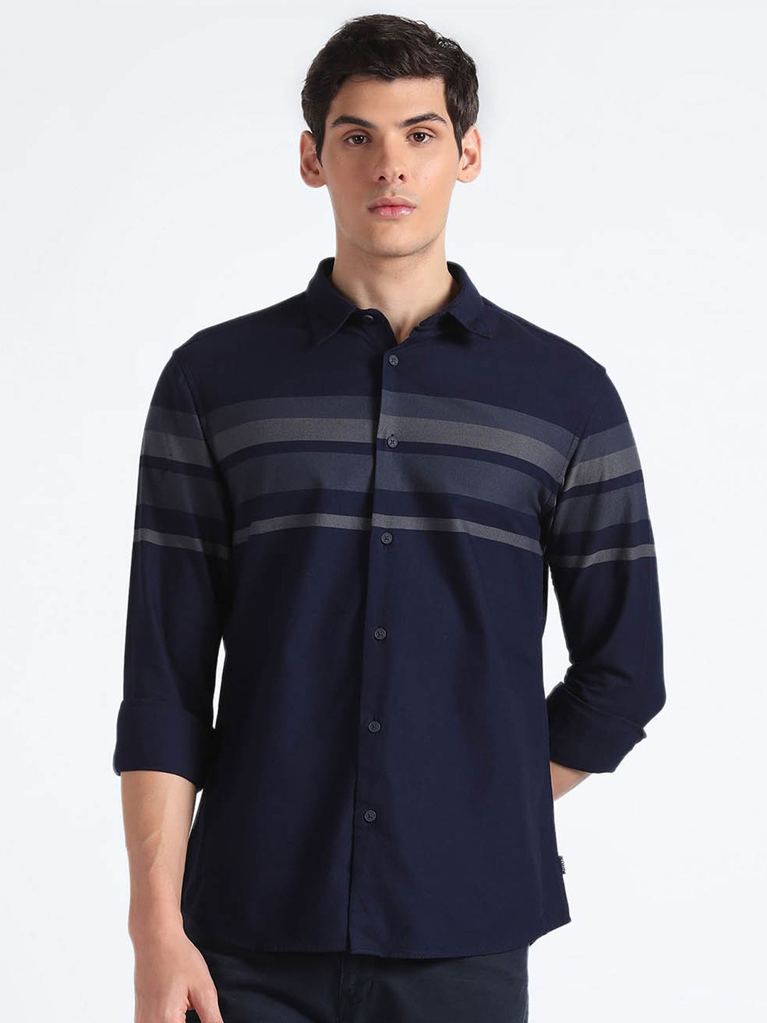 

Flying Machine Horizontal Stripes Cotton Casual Shirt, Blue