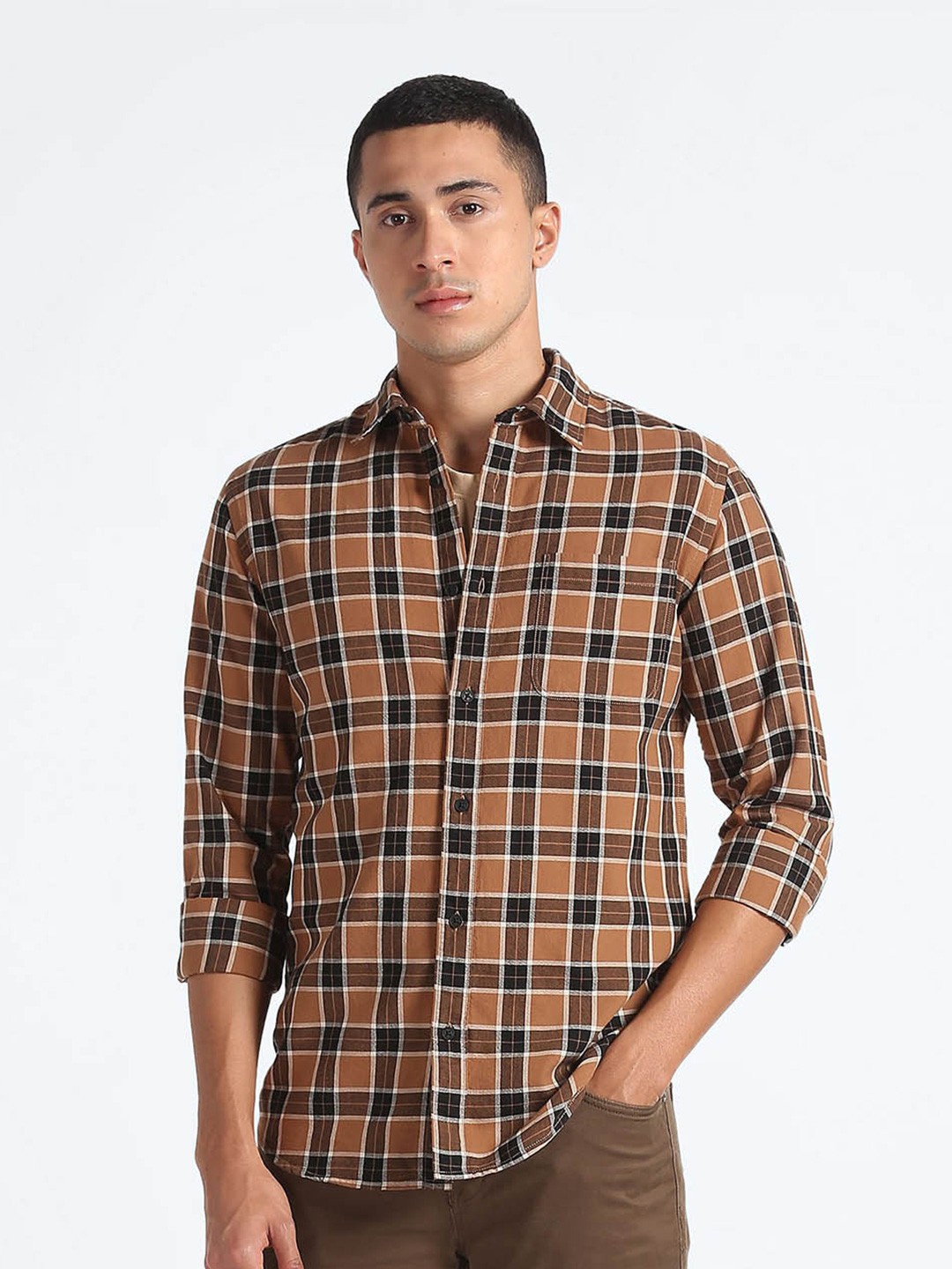 

Flying Machine Slim Fit Tartan Checks Opaque Pure Cotton Casual Shirt, Brown