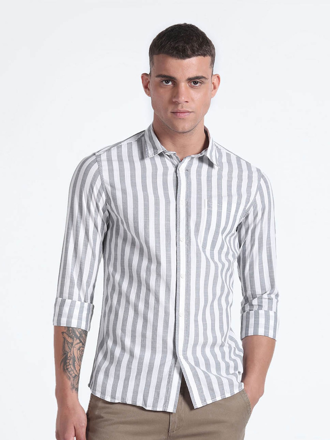 

Flying Machine Slim Fit Striped Spread Collar Cotton Casual Shirt, Grey