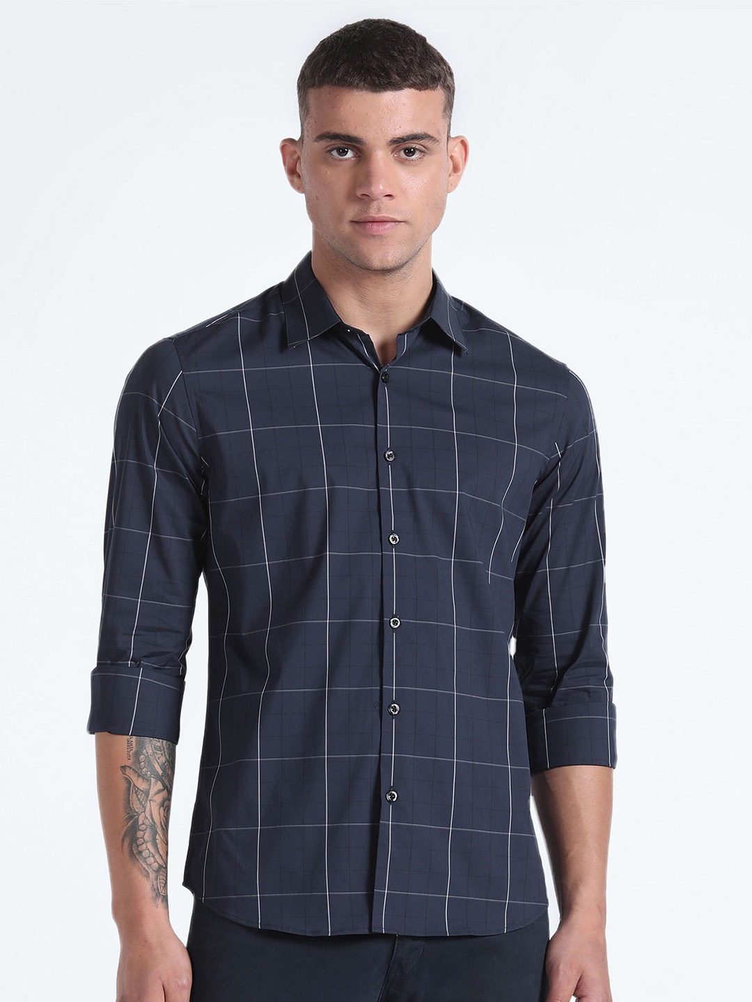 

Flying Machine Slim Fit Windowpane Checked Spread Collar Casual Shirt, Blue