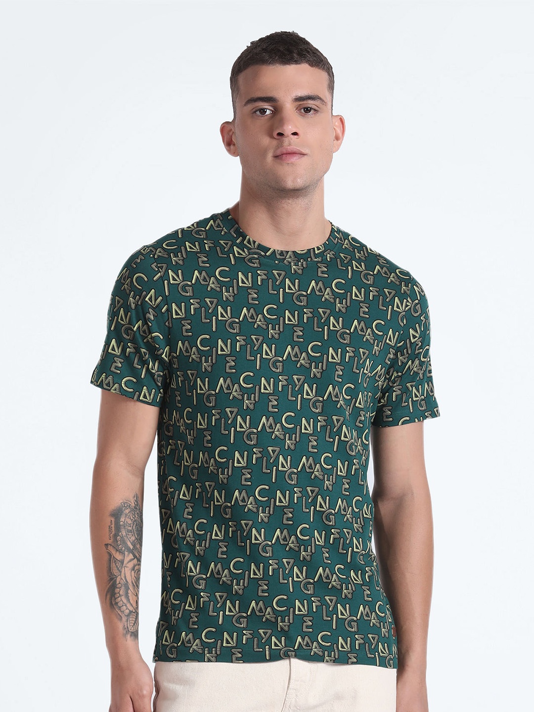 

Flying Machine Typography Printed Round Neck Pure Cotton T-shirt, Green