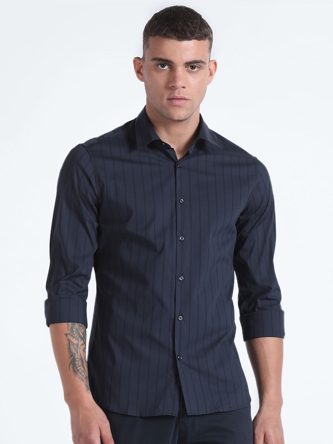 

Flying Machine Slim Fit Opaque Striped Casual Shirt, Blue