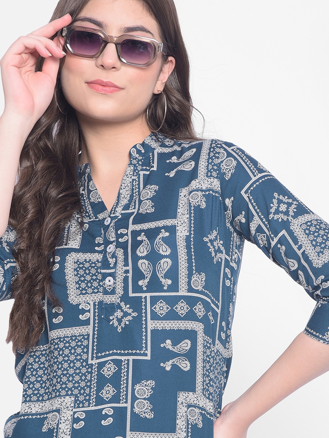 

Crimsoune Club Ethnic Motifs Print Mandarin Collar Lyocell Regular Top, Blue