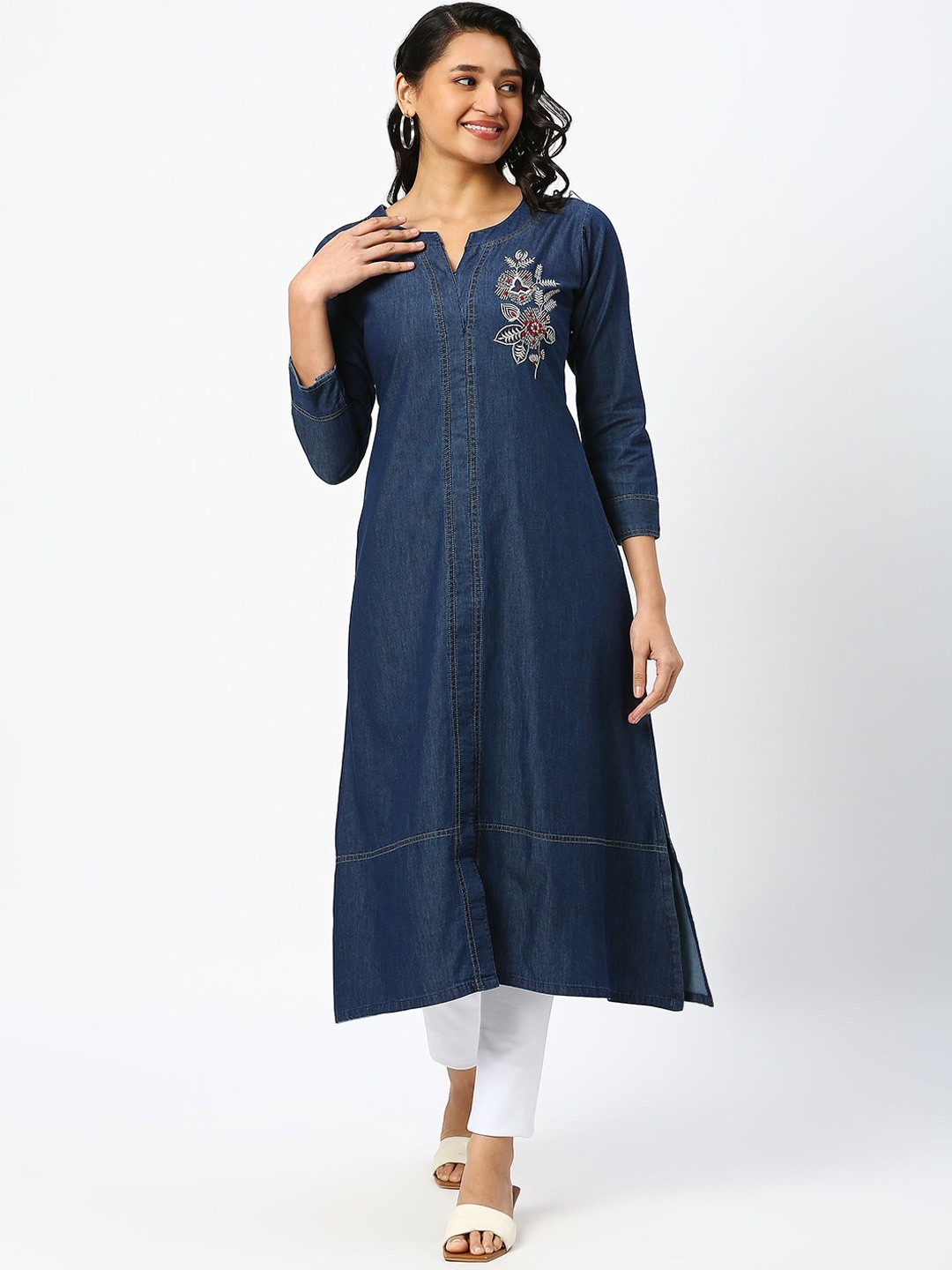 

DRESSLINE Floral Embroidered Denim A-Line Kurta, Blue