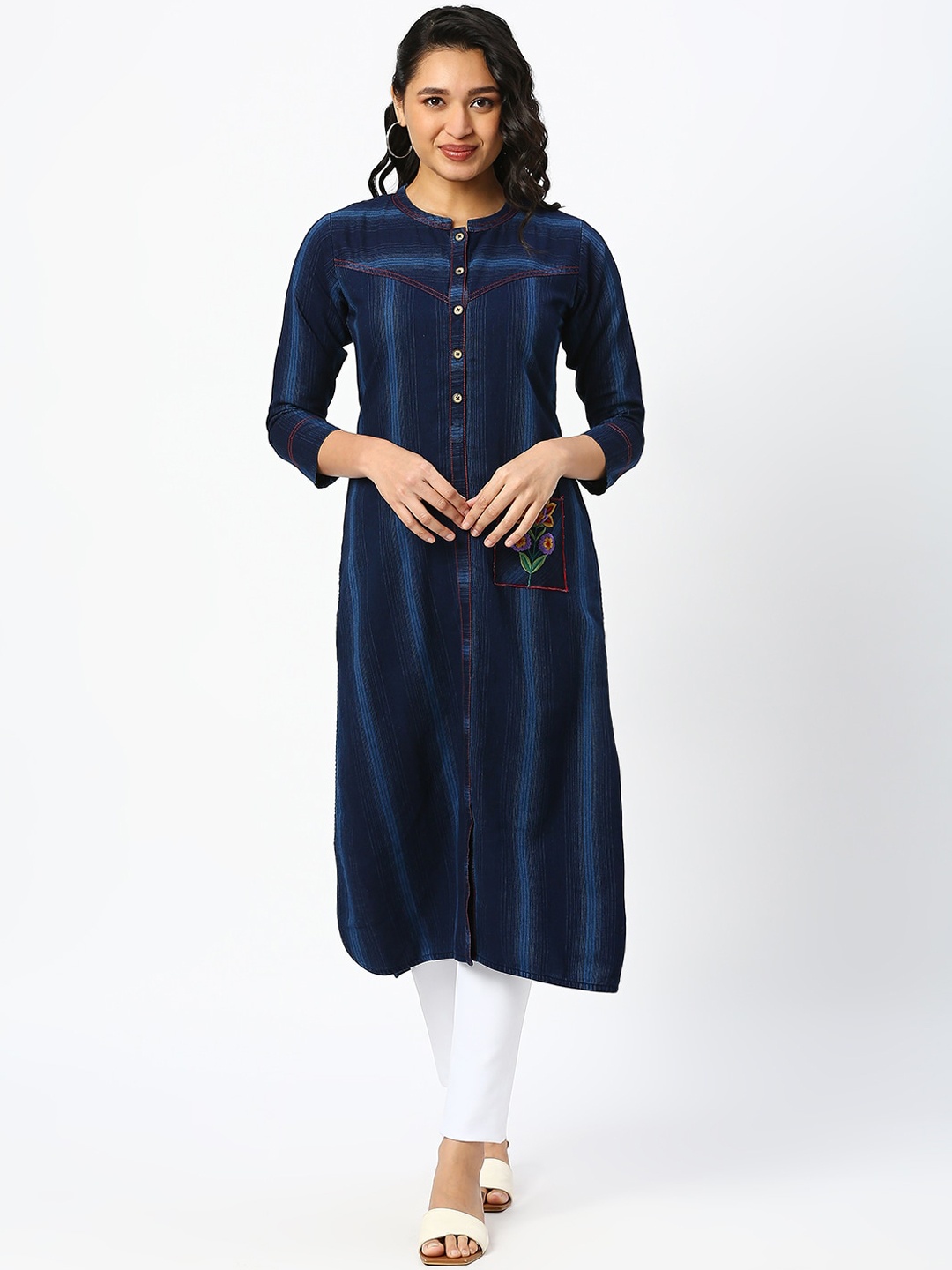 

DRESSLINE Striped Mandarin Collar Denim Kurta, Blue