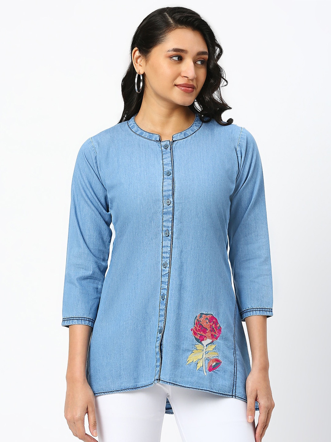 

DRESSLINE Mandarin Collar Cotton Denim Shirt Style Top, Blue