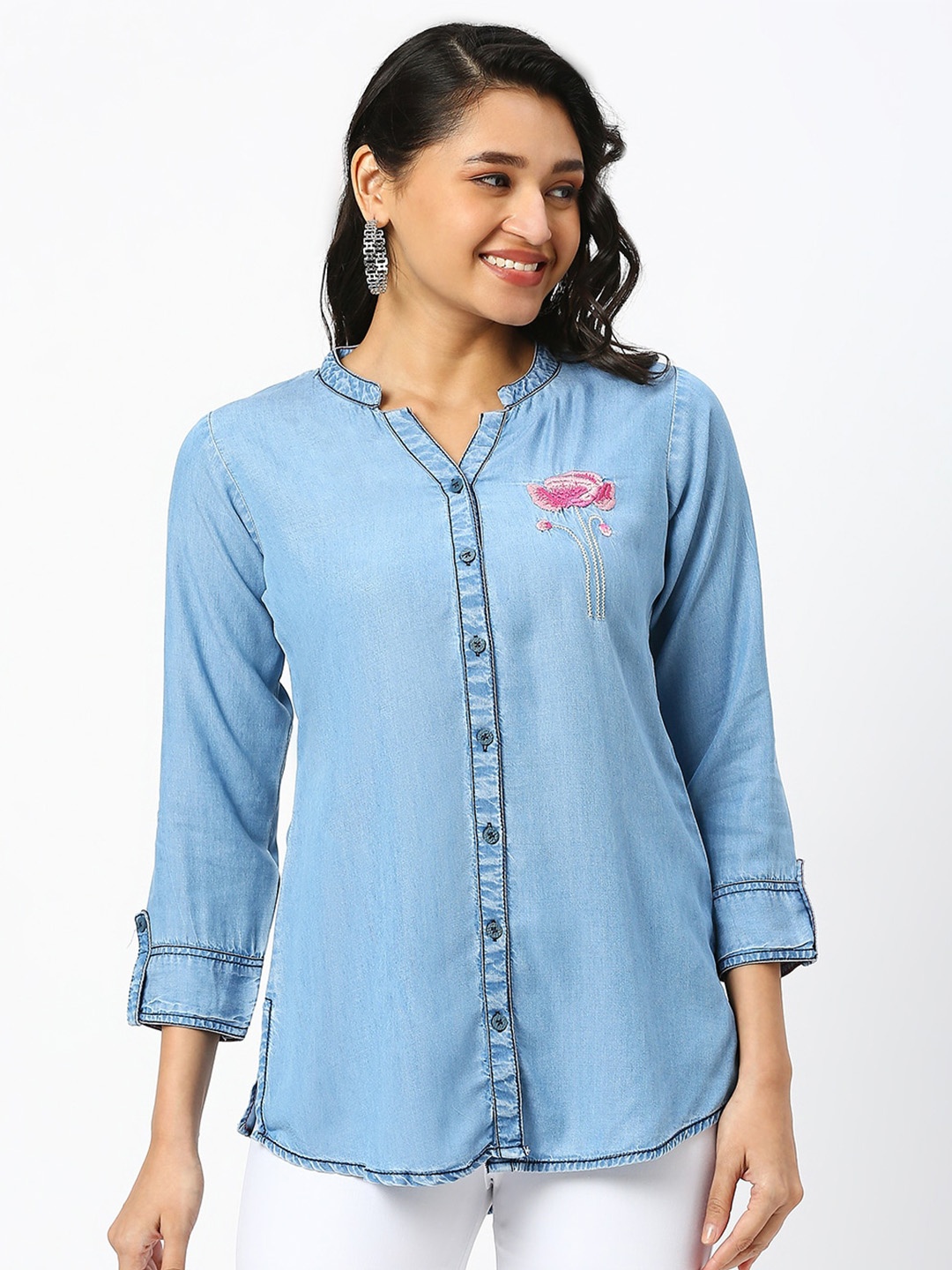 

DRESSLINE Mandarin Collar Cotton Denim Shirt Style Top, Blue