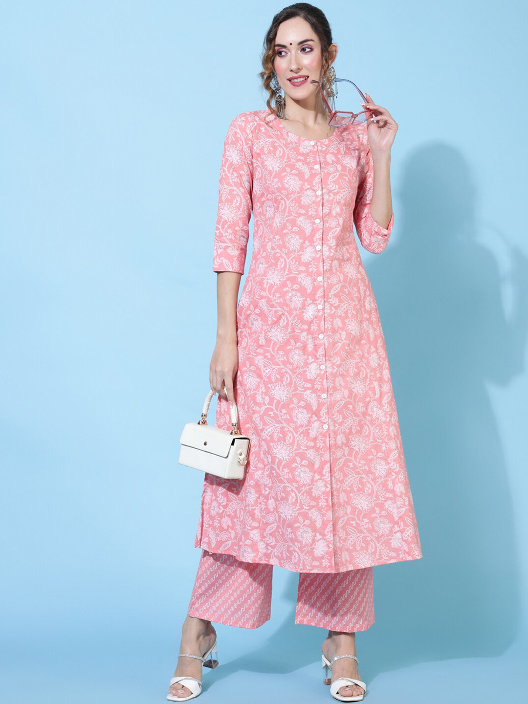 

GULMOHAR JAIPUR Floral Printed Regular Kurta with Palazzos, Peach