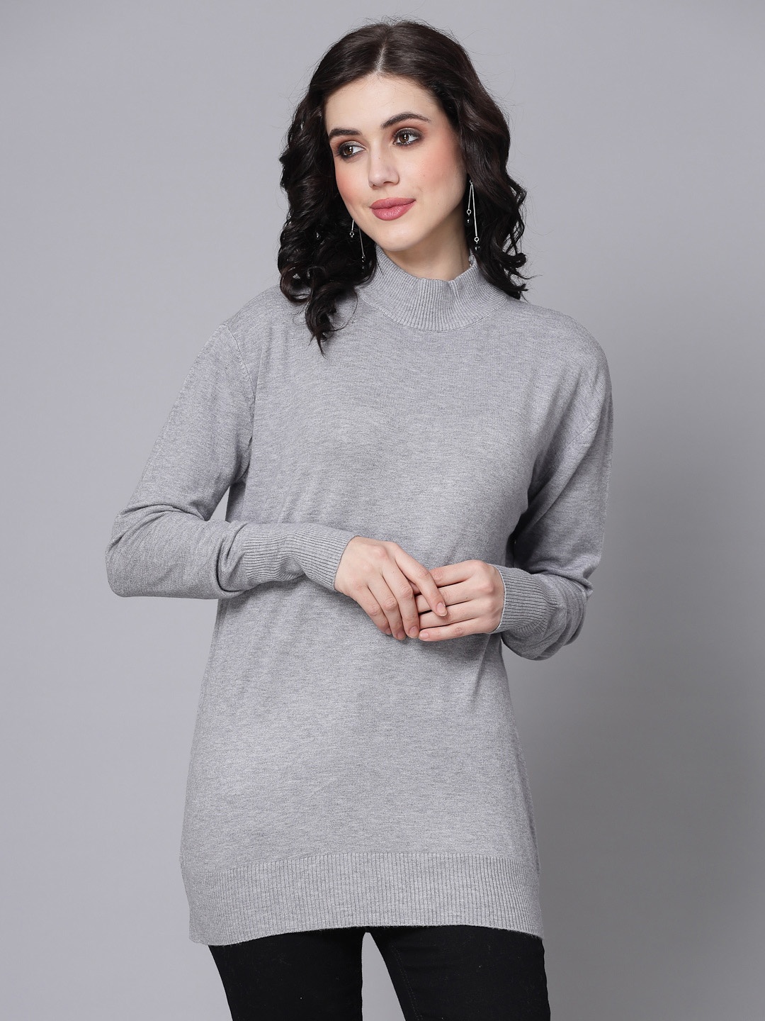 

Mafadeny Mock Neck Longline Pullover, Grey