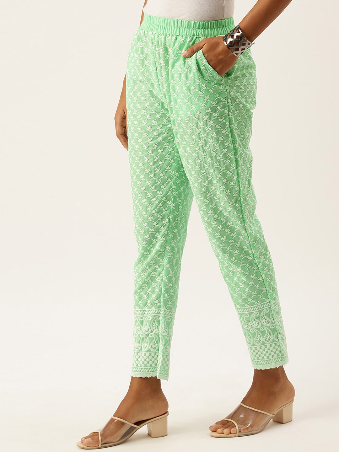 

all about you Women Green Ethnic Motifs Embroidered Easy Wash Cotton Trousers