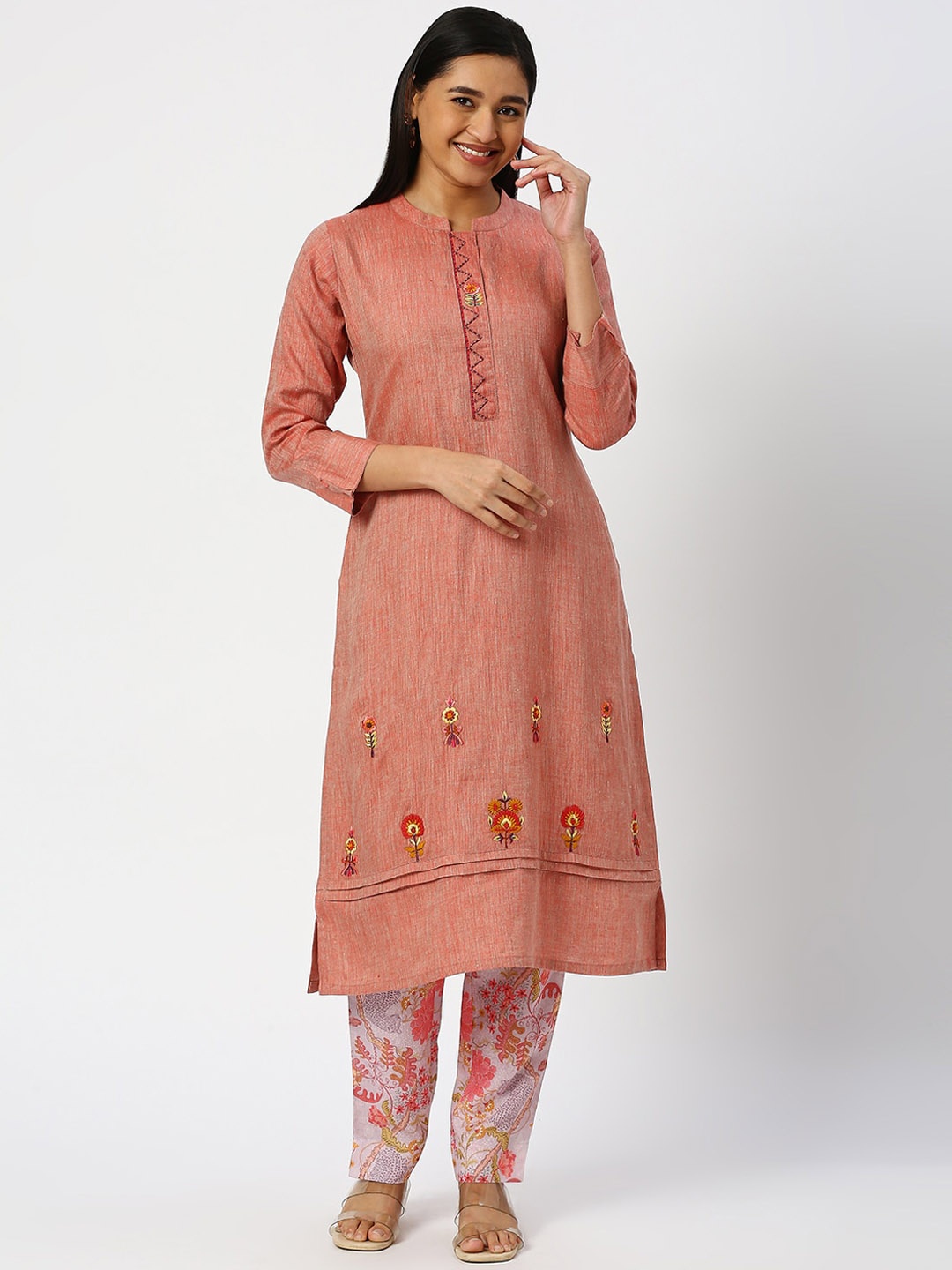 

DRESSLINE Floral Embroidered Kurta With Trousers, Peach