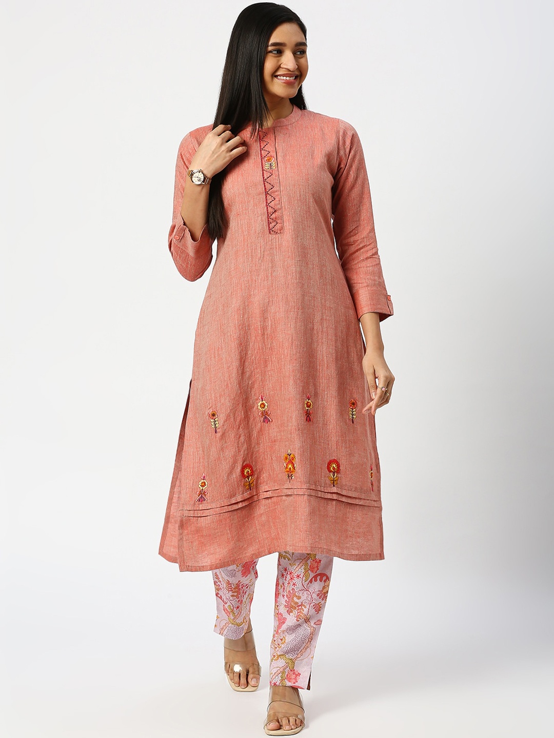 

DRESSLINE Floral Embroidered A-Line Linen Kurta With Trousers, Peach