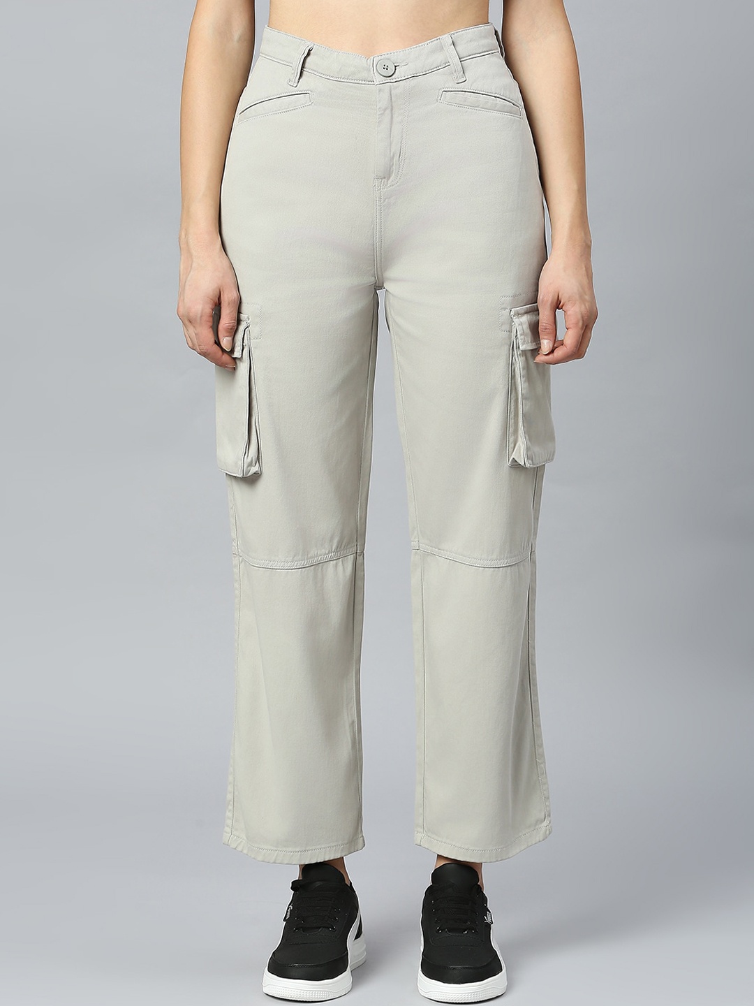 

Mast & Harbour Women Grey Comfort Slim Fit High-Rise Plain Cotton Cargos