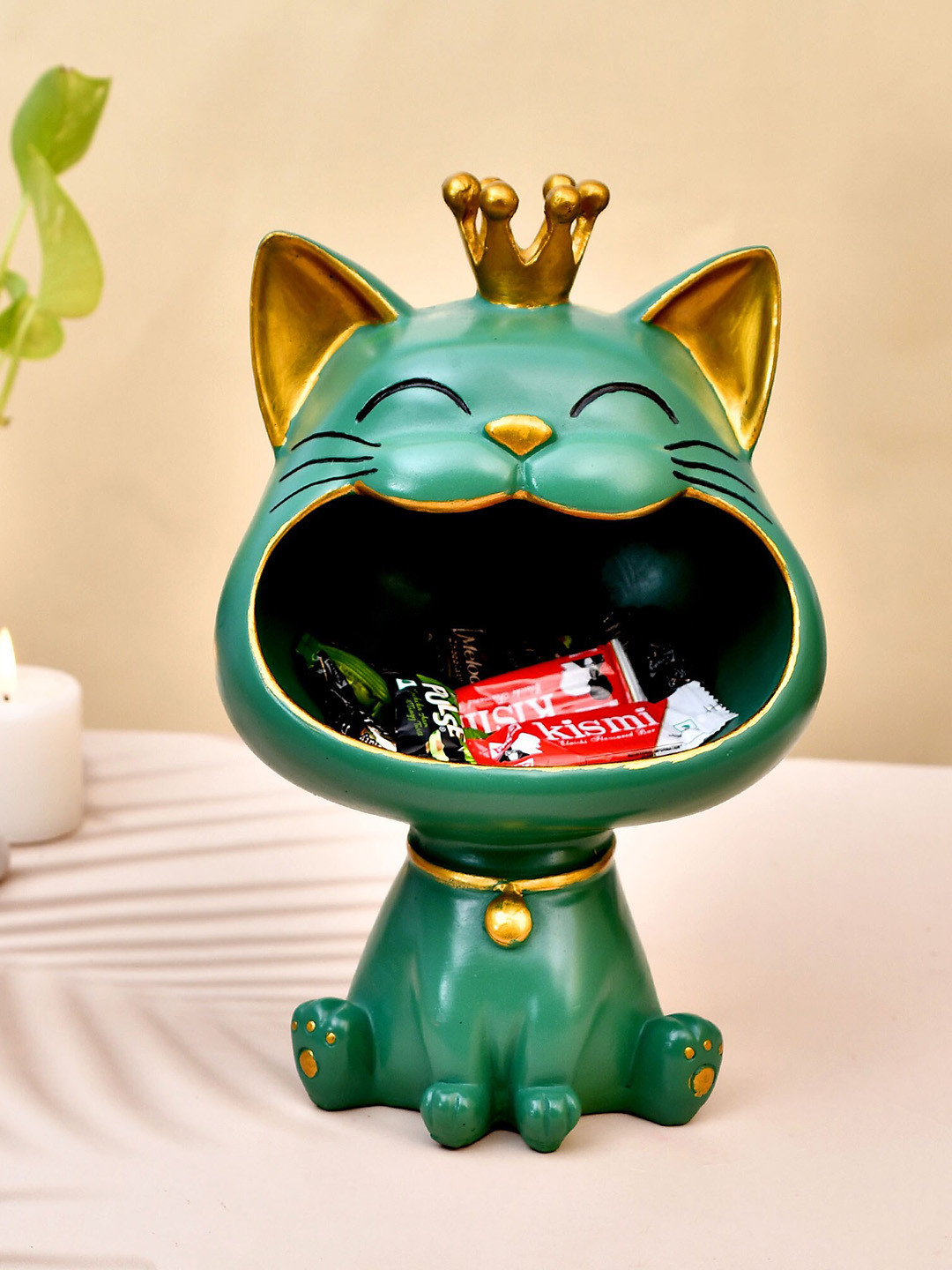 

Craft Junction Green & Beige Cat Design With Crown Sculpture With Storage Showpiece