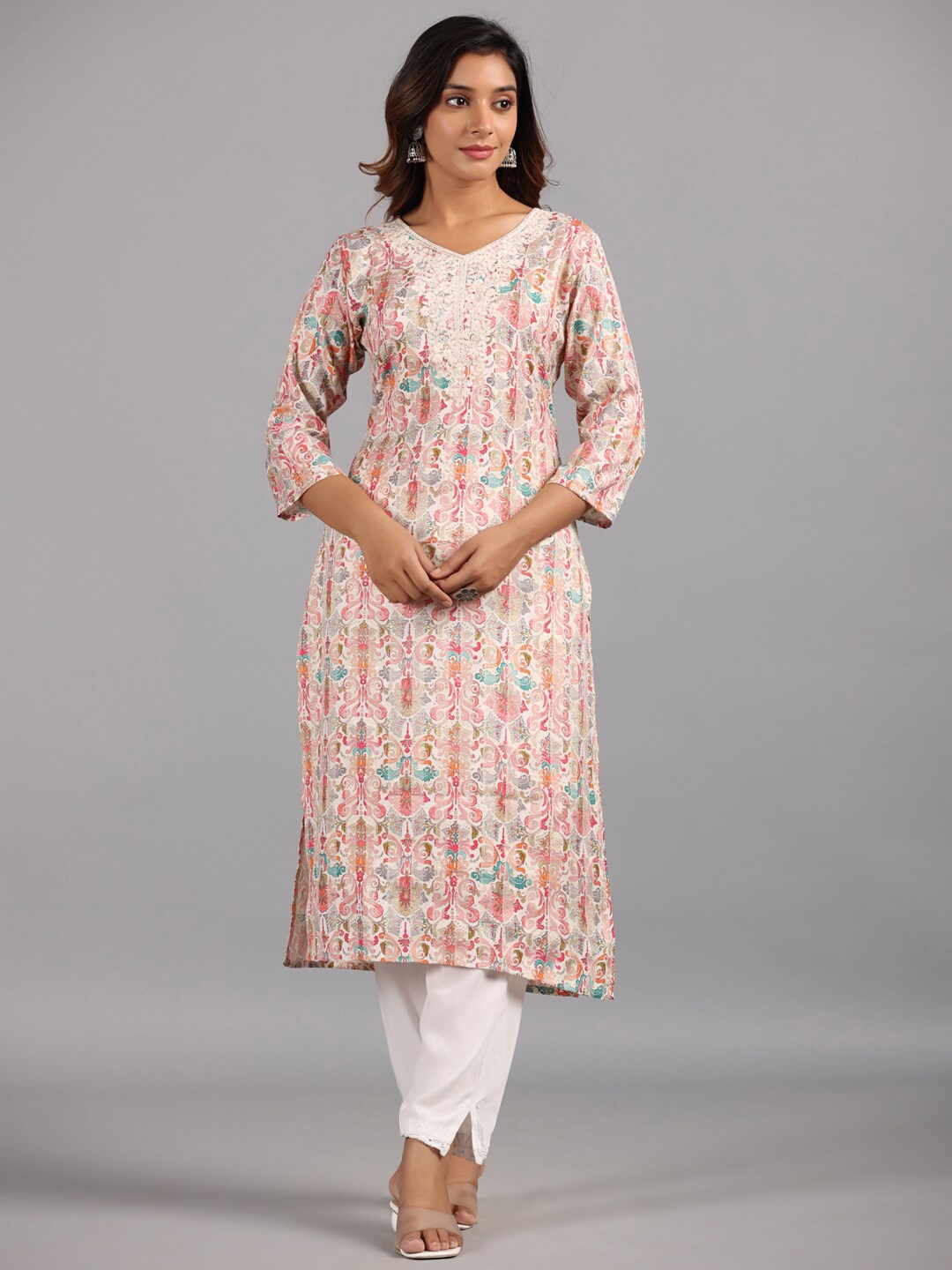Amchoor Floral Printed Cotton Straight Kurta, Cream