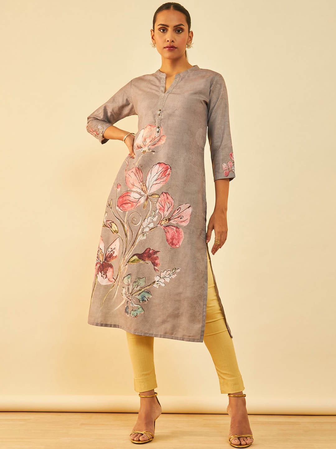 

Soch Floral Printed Mandarin Collar Straight Kurta, Grey