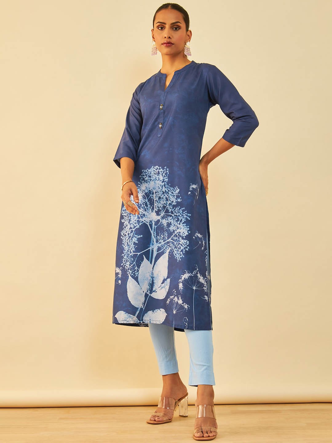 

Soch Floral Printed Mandarin Collar Straight Kurta, Blue