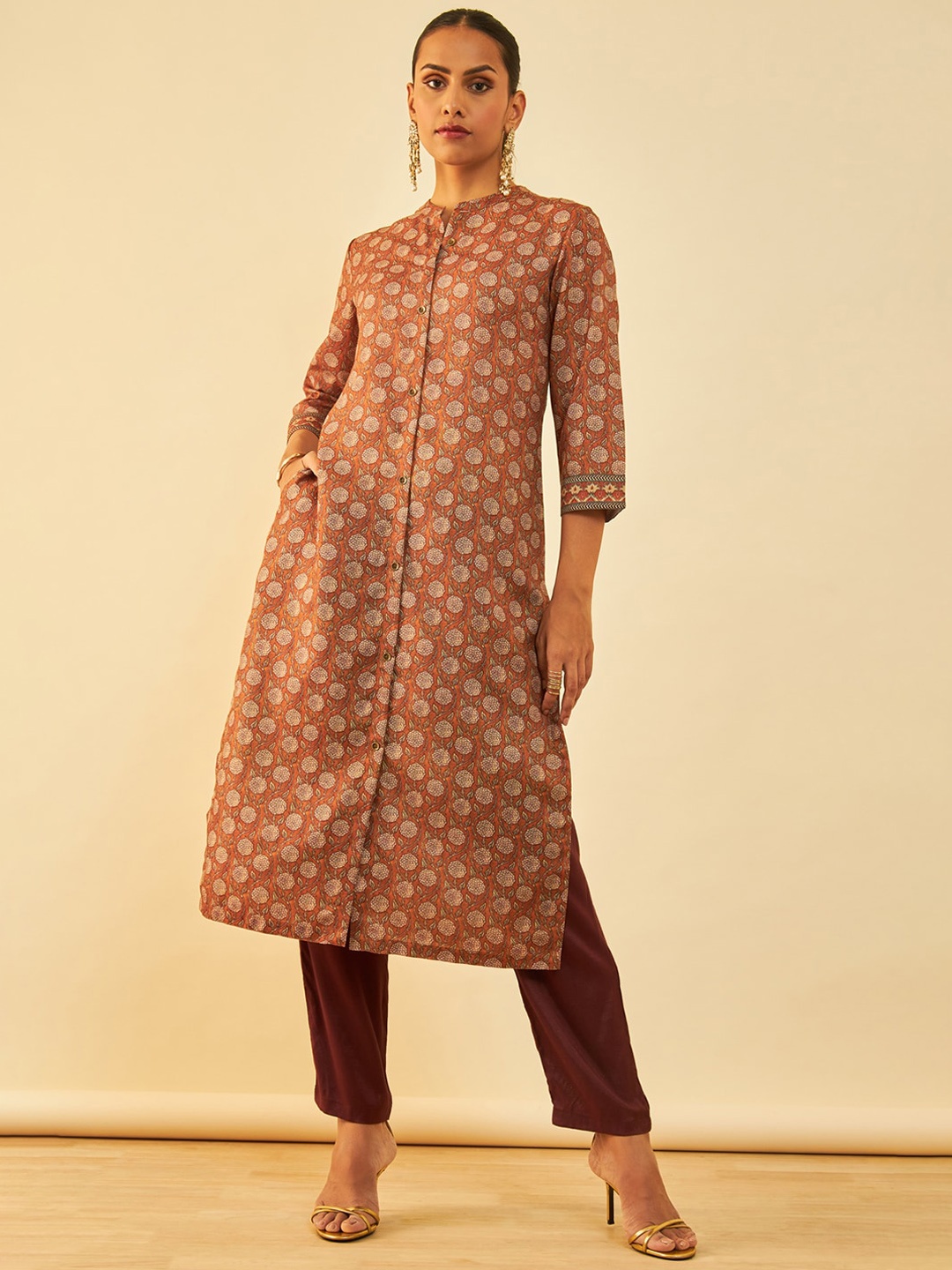 

Soch Brown Floral Printed Straight Kurta