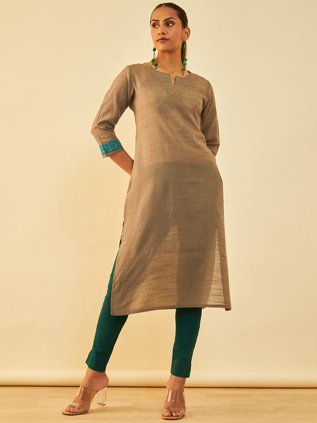 

Soch Ethnic Motifs Printed Round Neck Stright Kurta, Beige