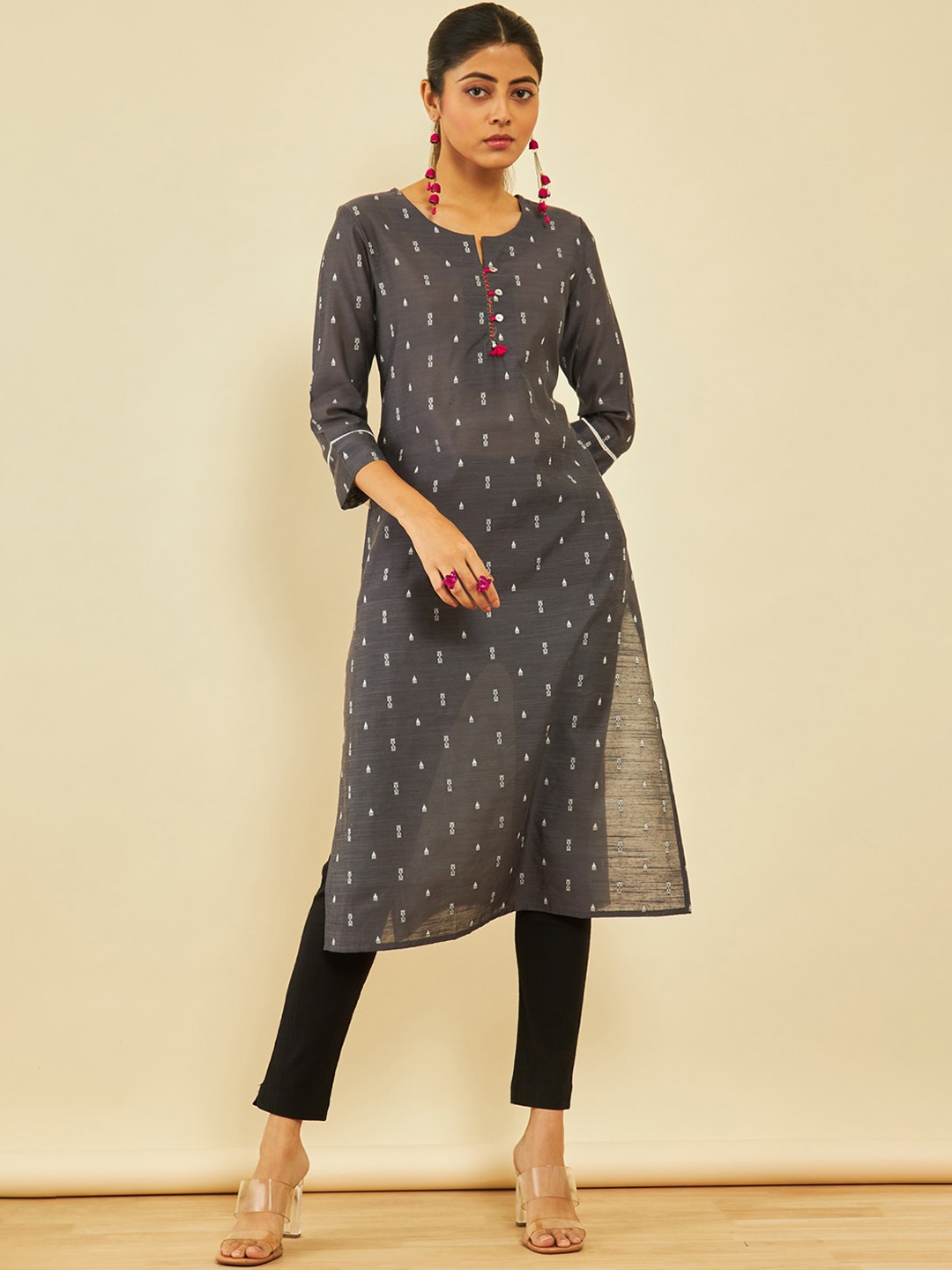 

Soch Geometric Woven Design Silk Straight Kurta, Grey