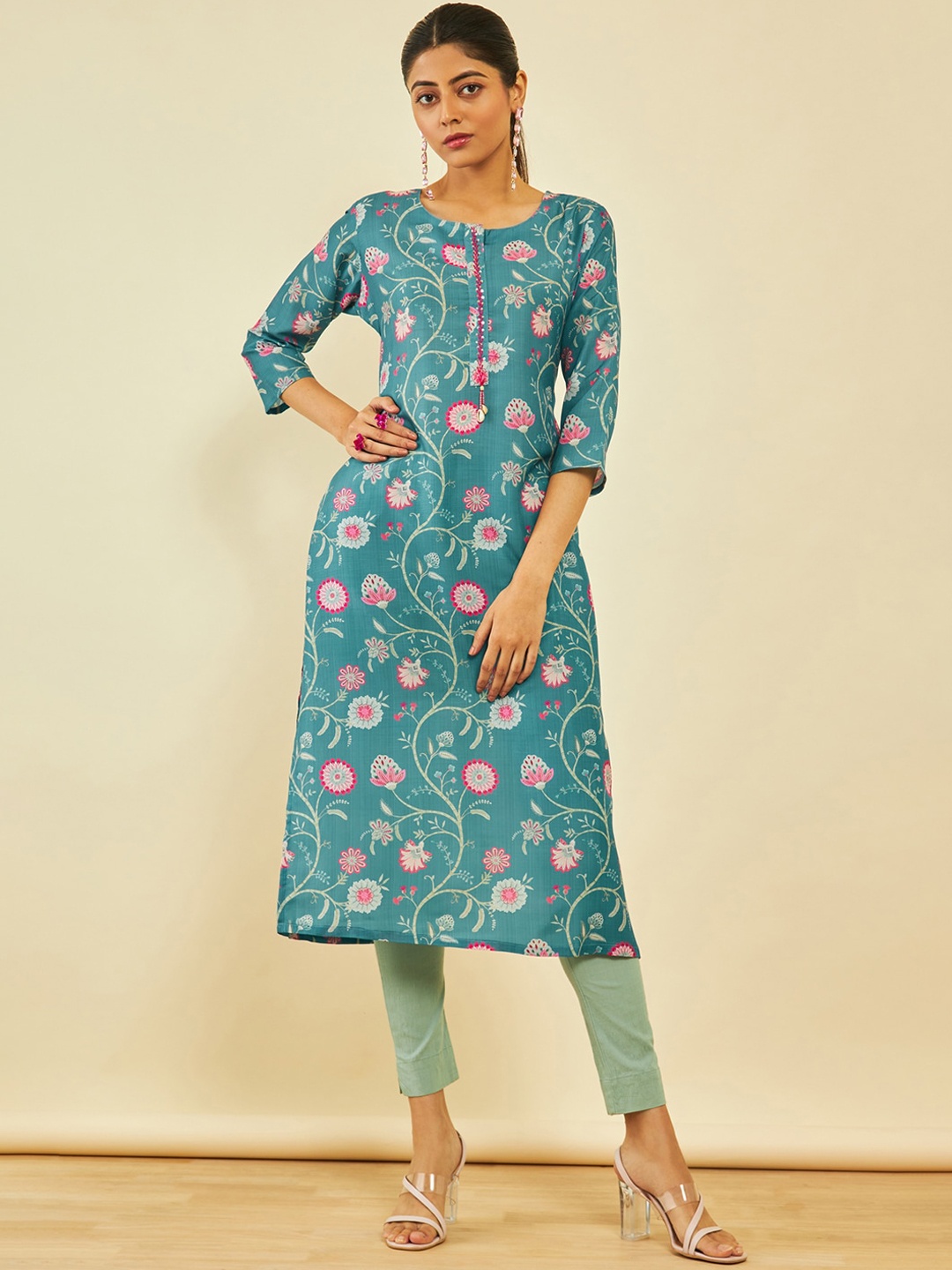 

Soch Floral Printed Beads and Stones Straight Kurta, Teal