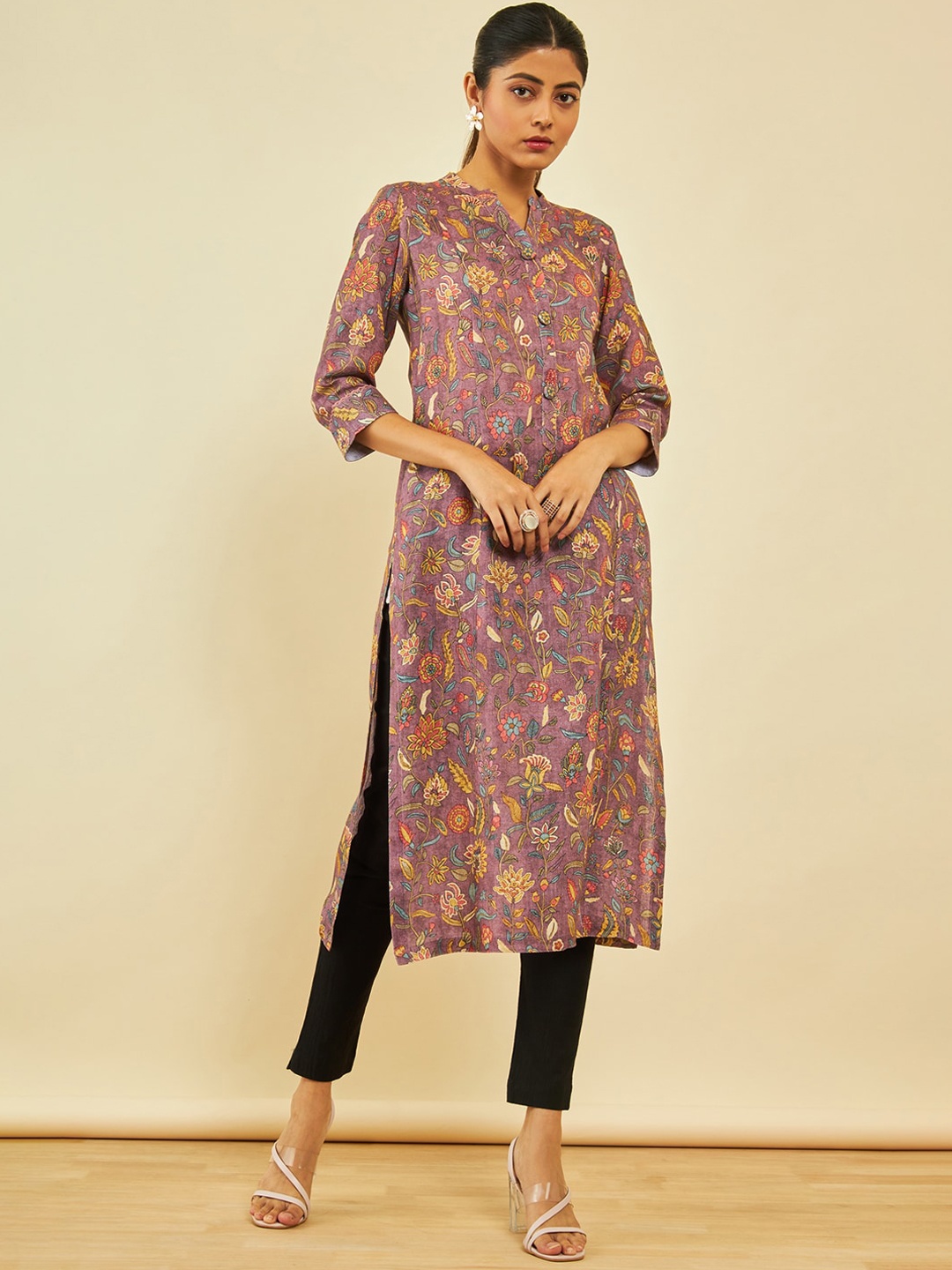 

Soch Purple Ethnic Motifs Printed Straight Linen Kurta