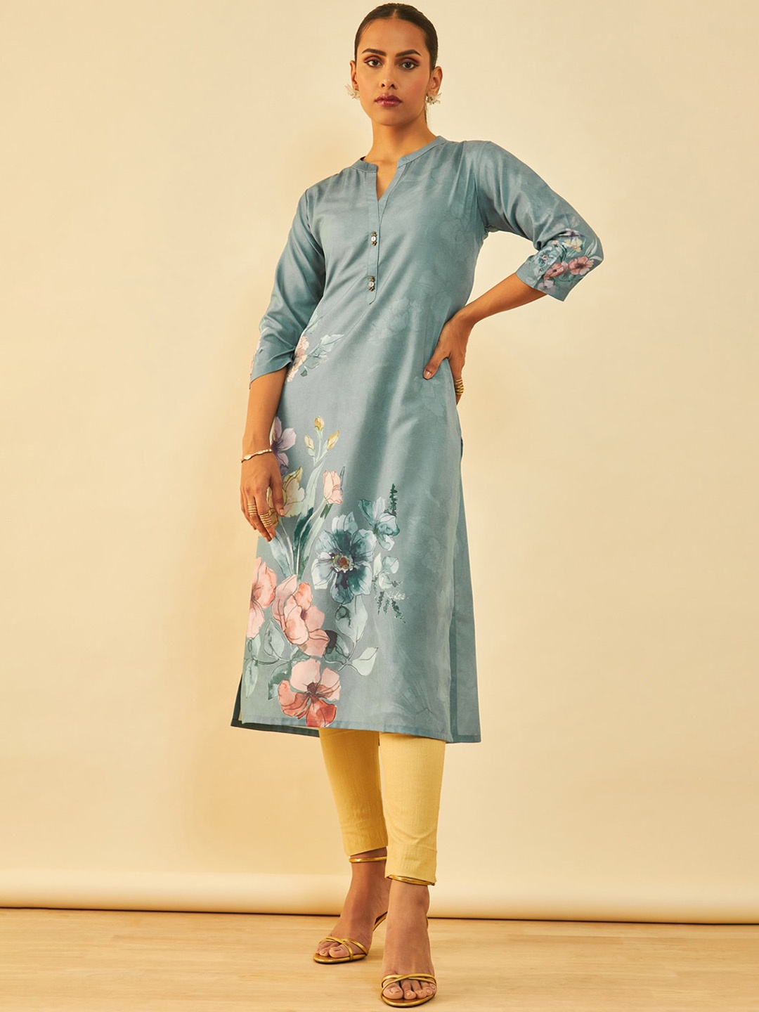 

Soch Floral Printed Band Collar Straight Kurta, Sea green