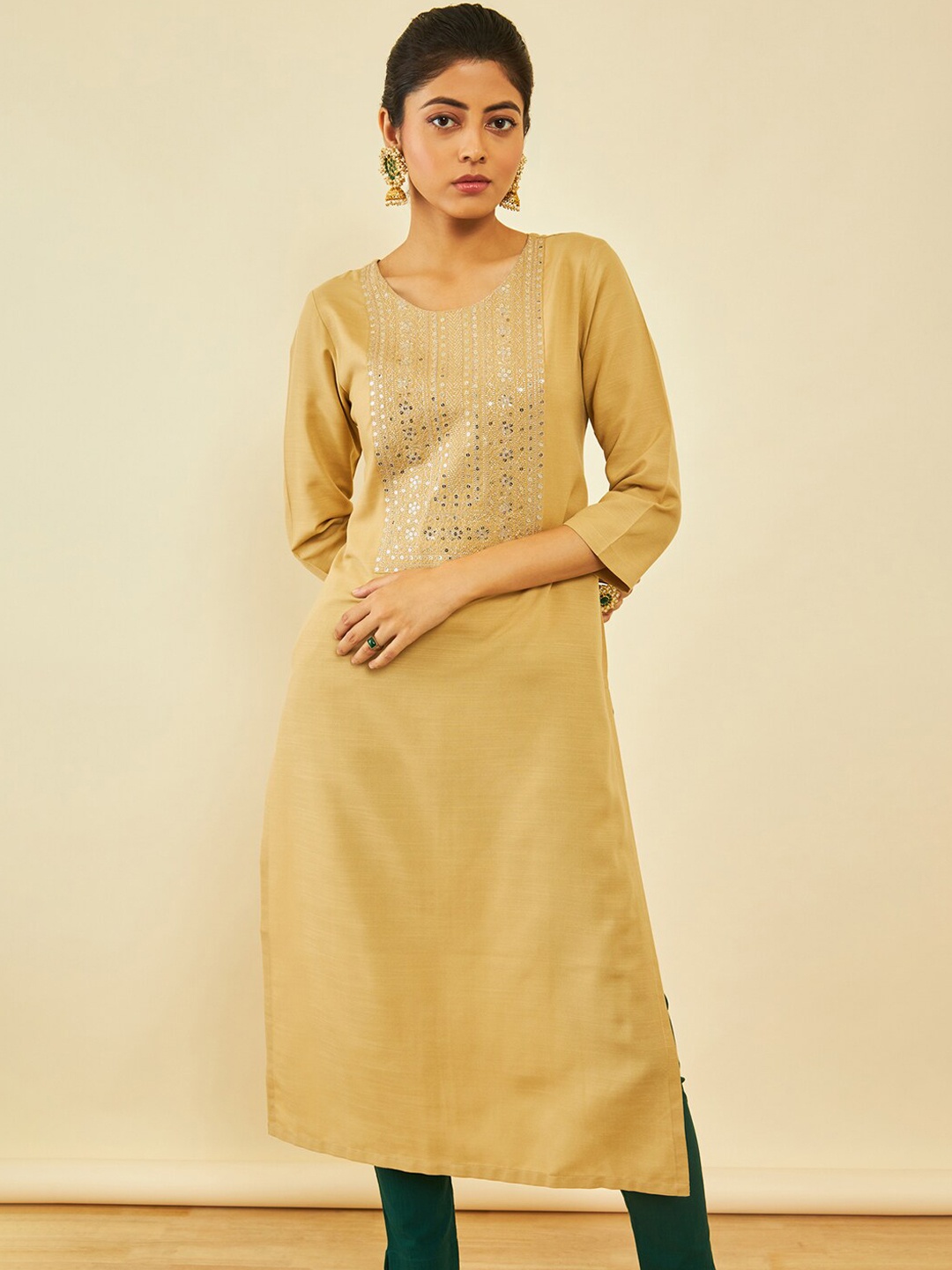 

Soch Embellished Round Neck Straight Kurta, Beige