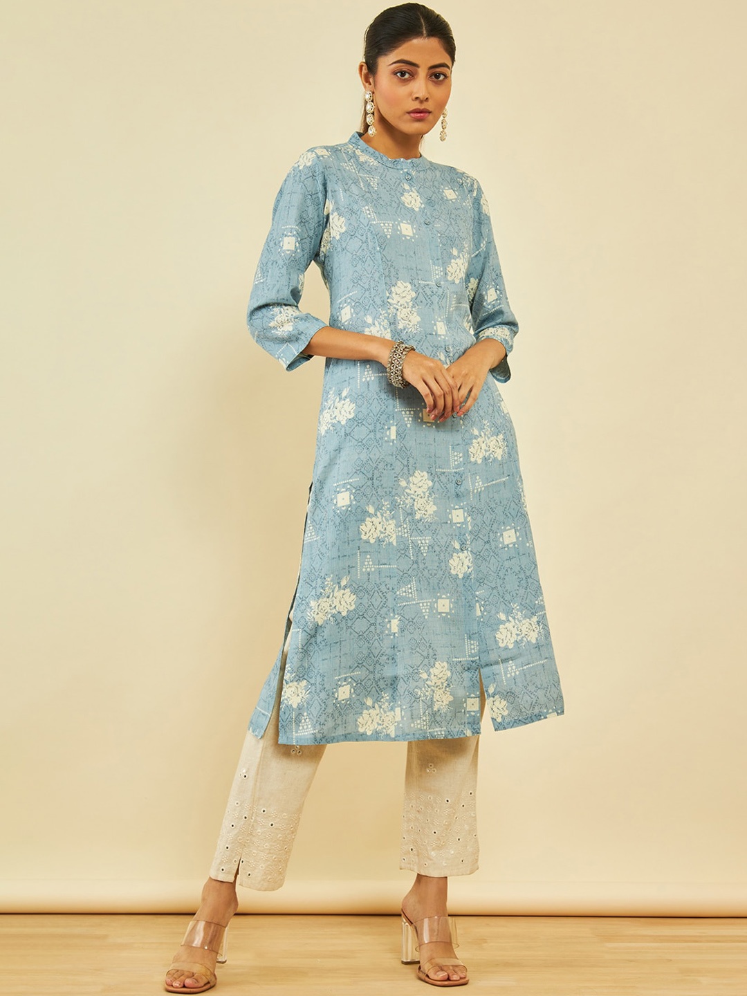 

Soch Floral Printed Mandarin Collar A-Line Kurta, Blue