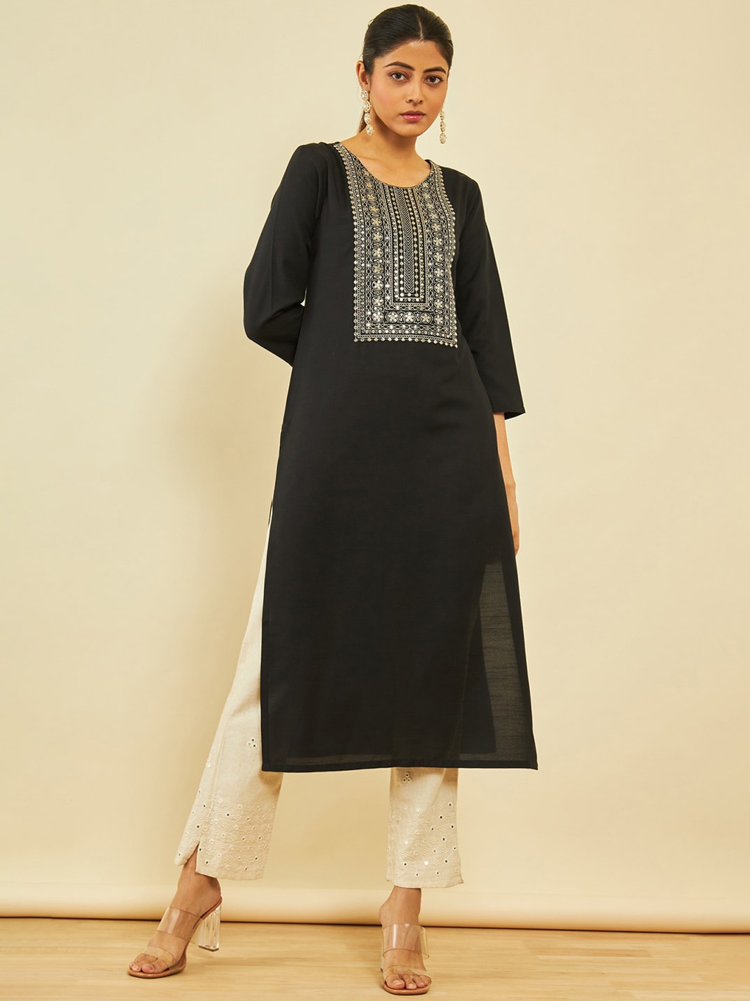 

Soch Black Ethnic Motif Embroidered Straight Kurta