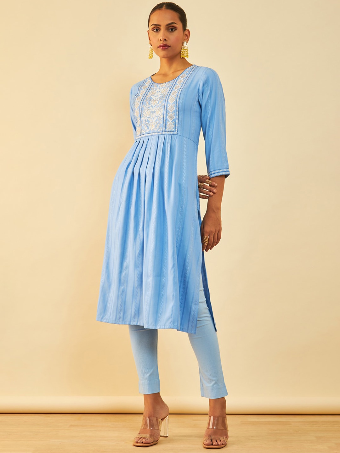 

Soch Embroidered Pleated Straight Kurta, Blue