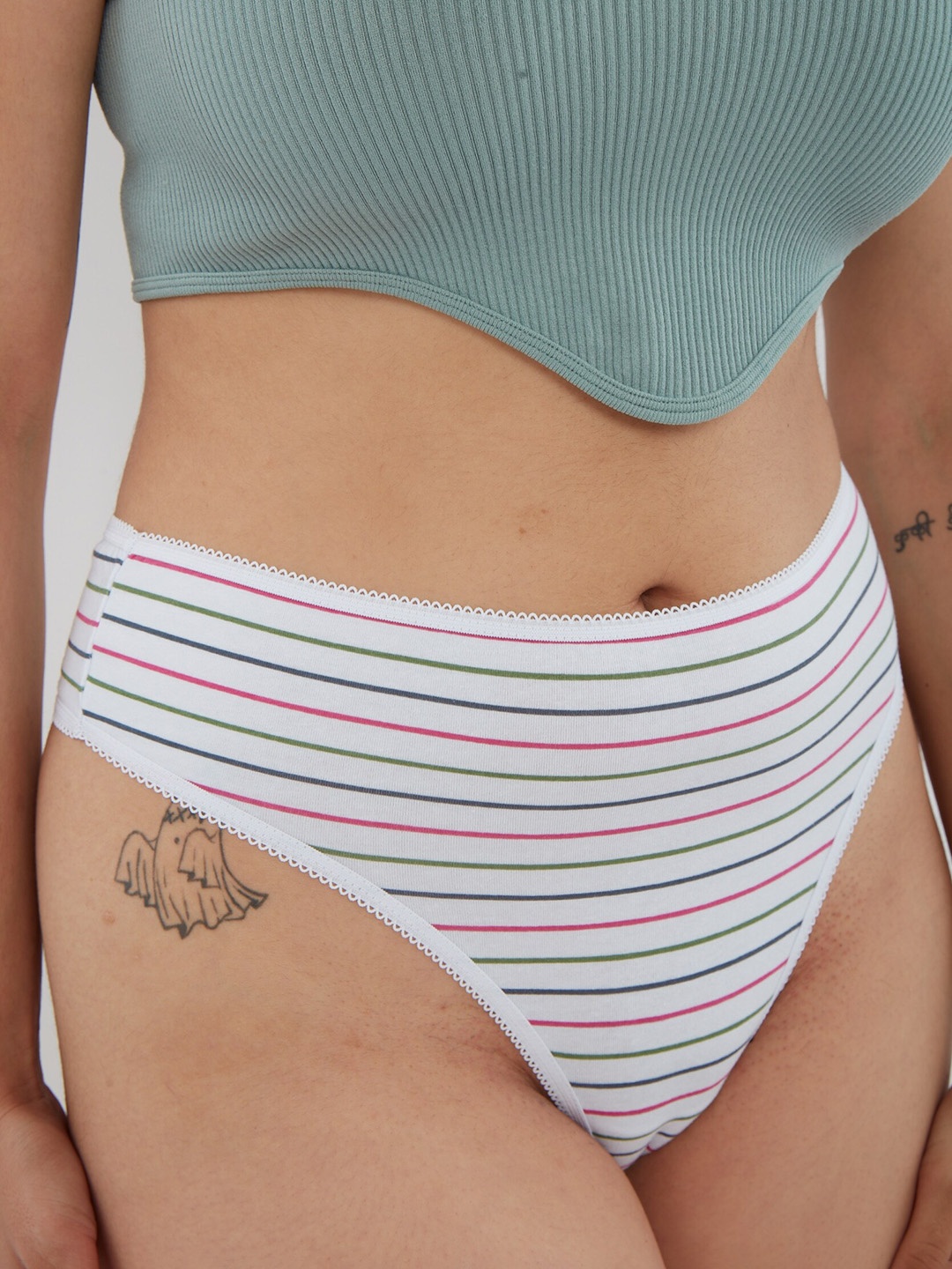 

Big Little Lemons Striped Seamless High -Rise Ribbed Thongs Brief Anti Bacterial, White