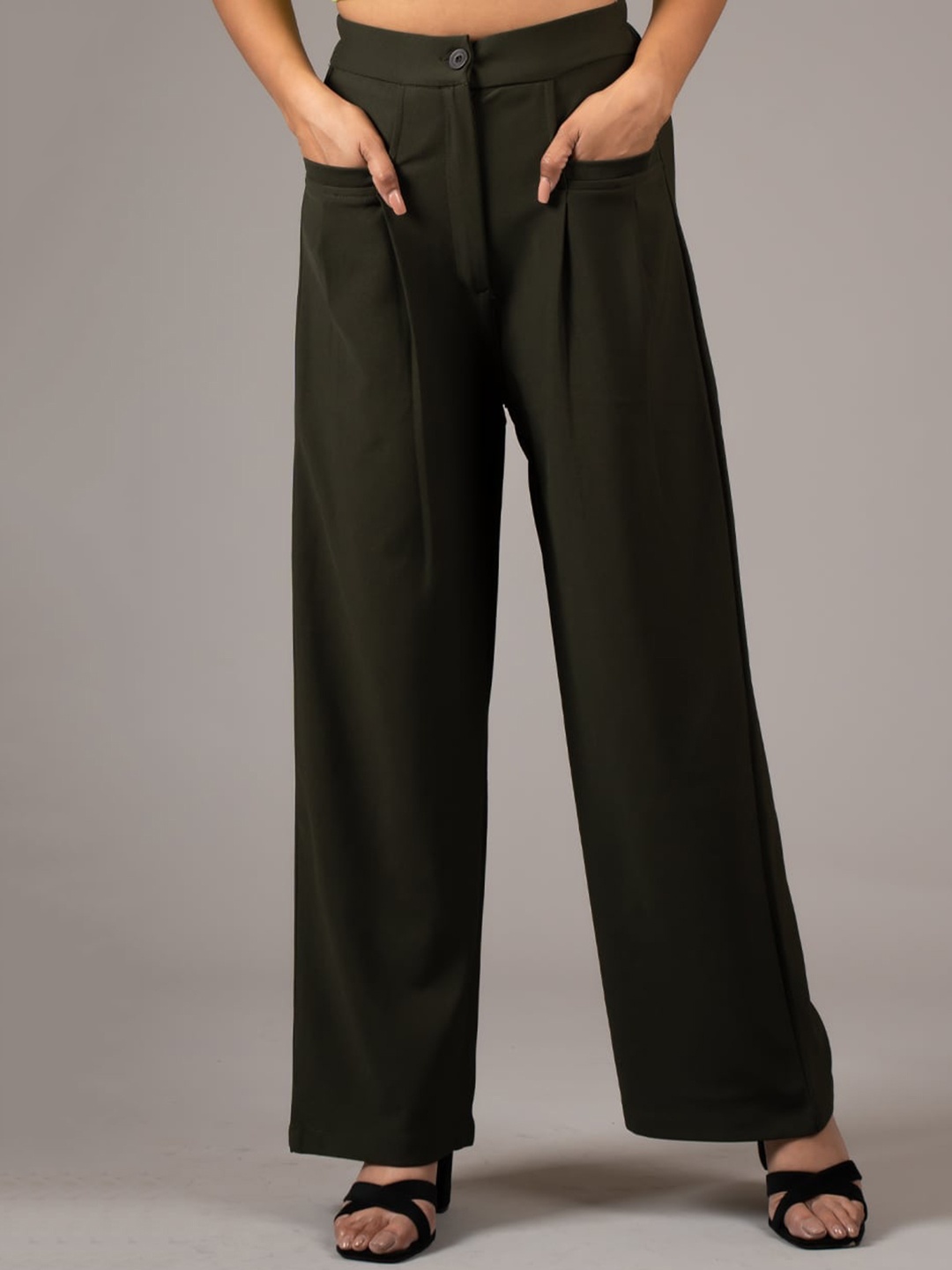

DressBerry Women Olive Green High-Rise Pleated Parallel Trousers
