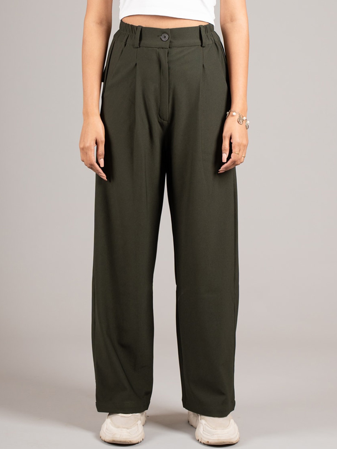 

DressBerry Women Olive Green High-Rise Pleated Parallel Trousers
