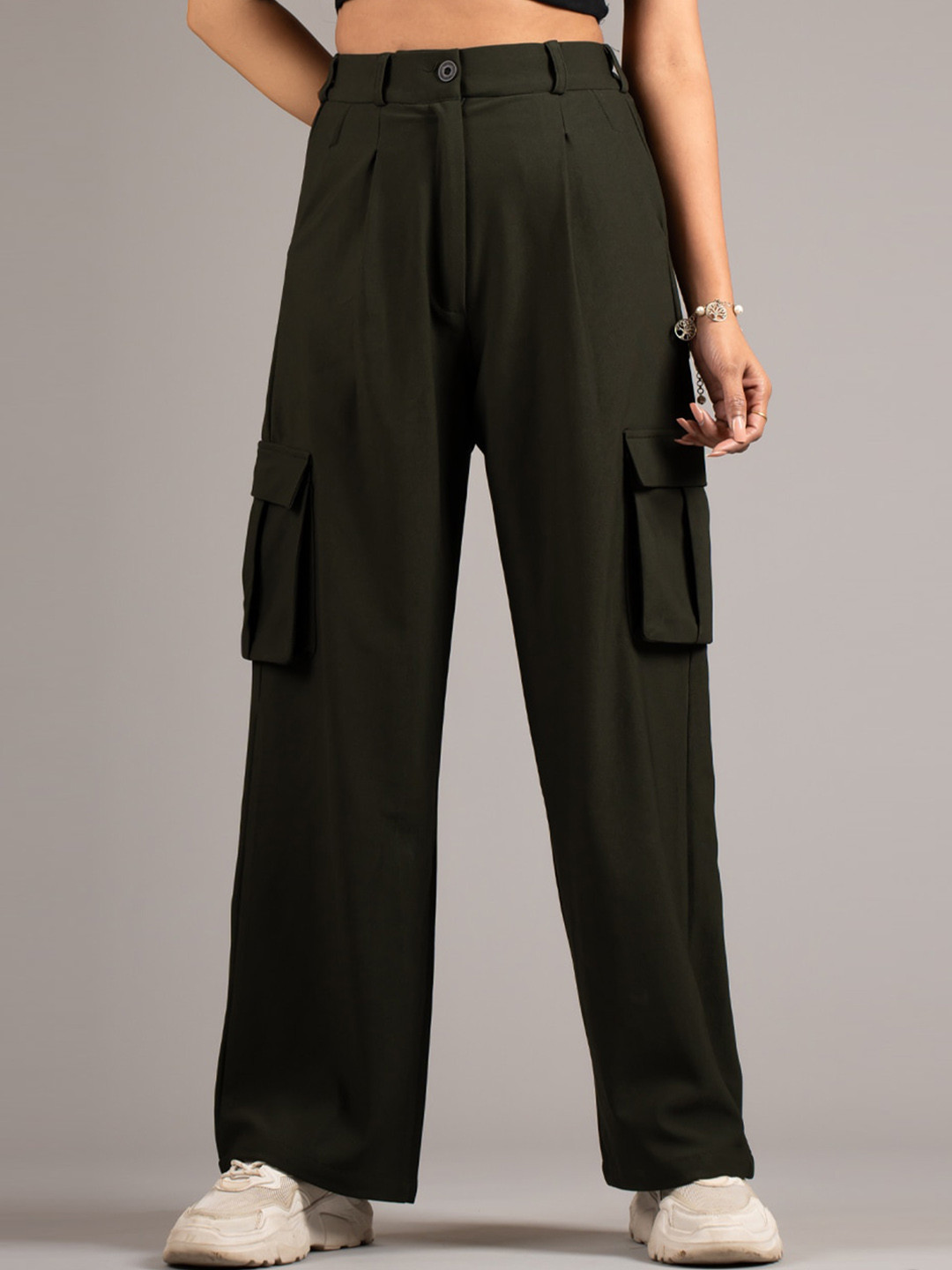 

DressBerry Women Olive Green High-Rise Pleated Parallel Trousers