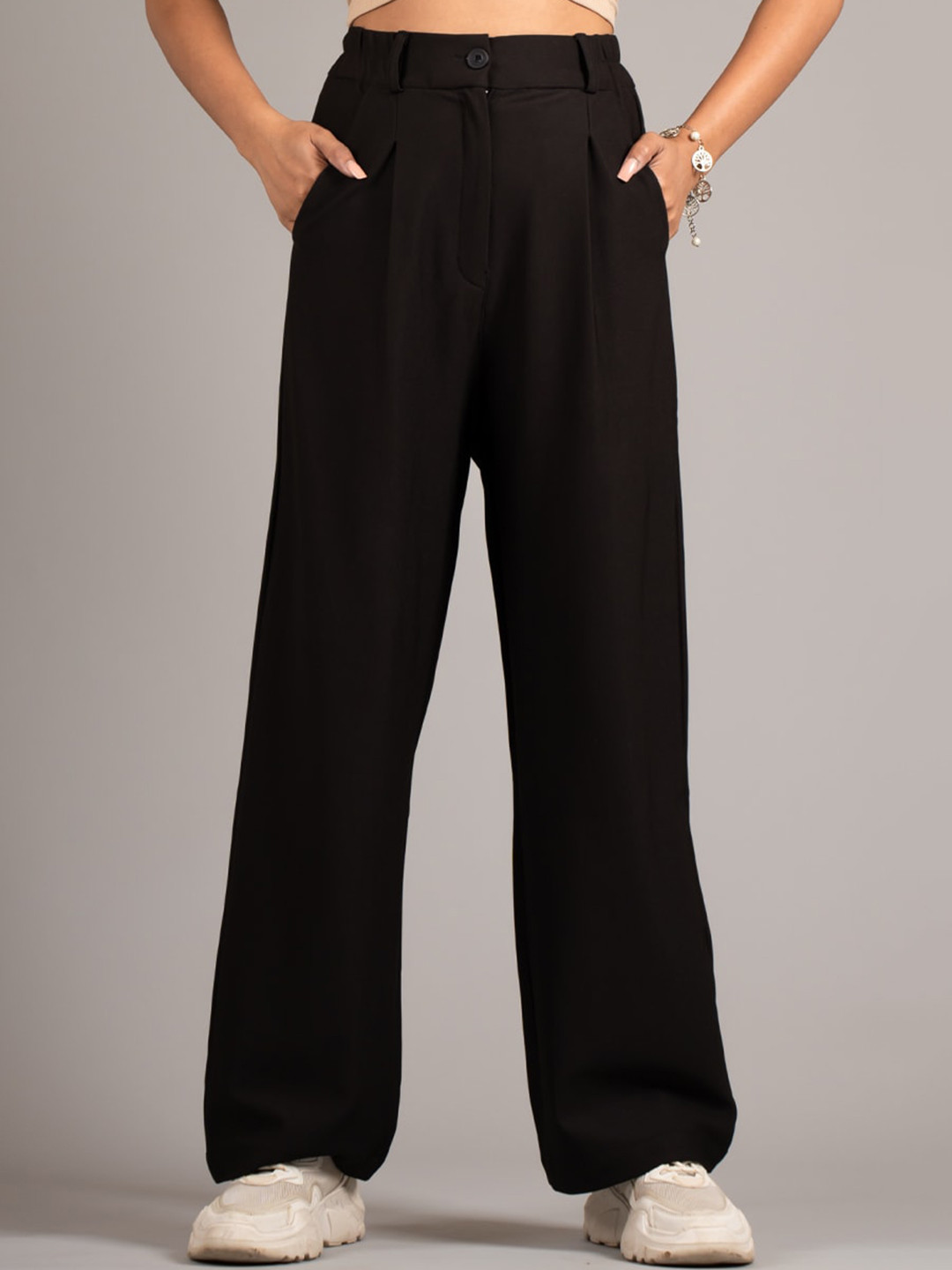 

DressBerry Women Black High-Rise Pleated Trousers