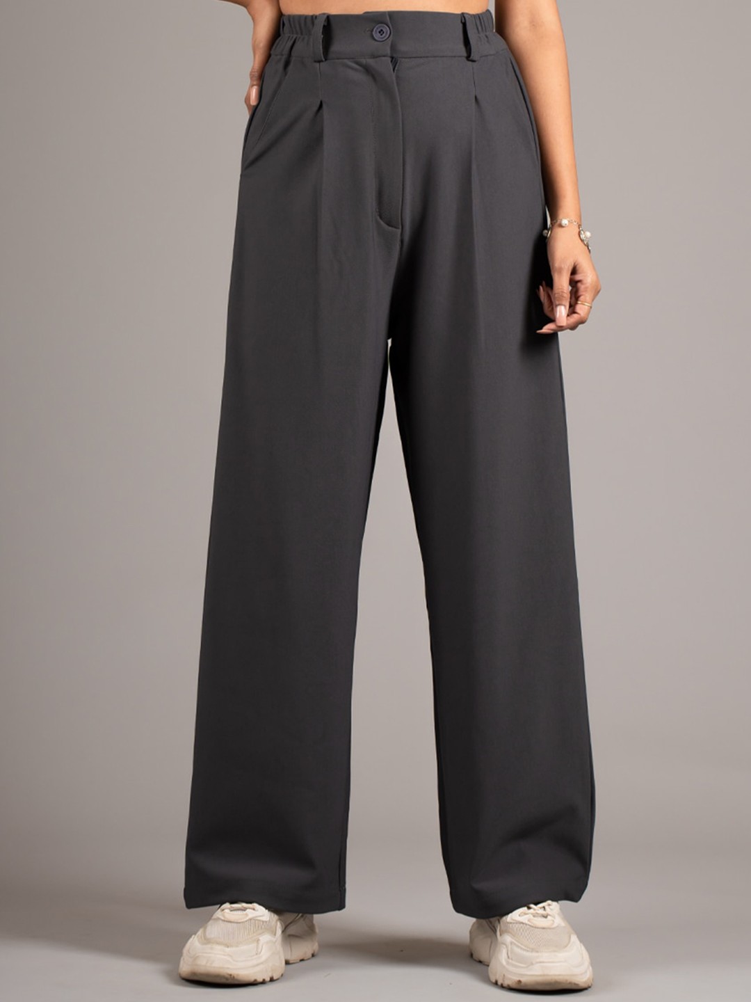 

DressBerry Women Grey High-Rise Pleated Regular Trousers