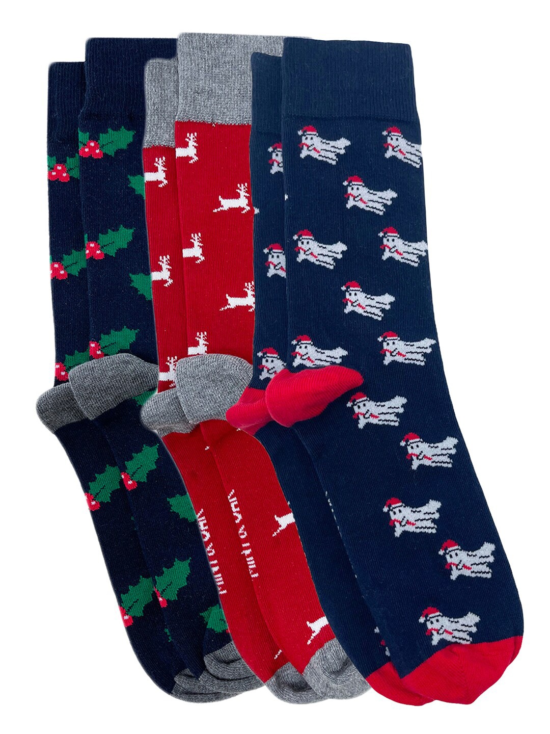 

Mint & Oak Men Pack Of 3 Patterned Calf-Length CottonSocks, Navy blue