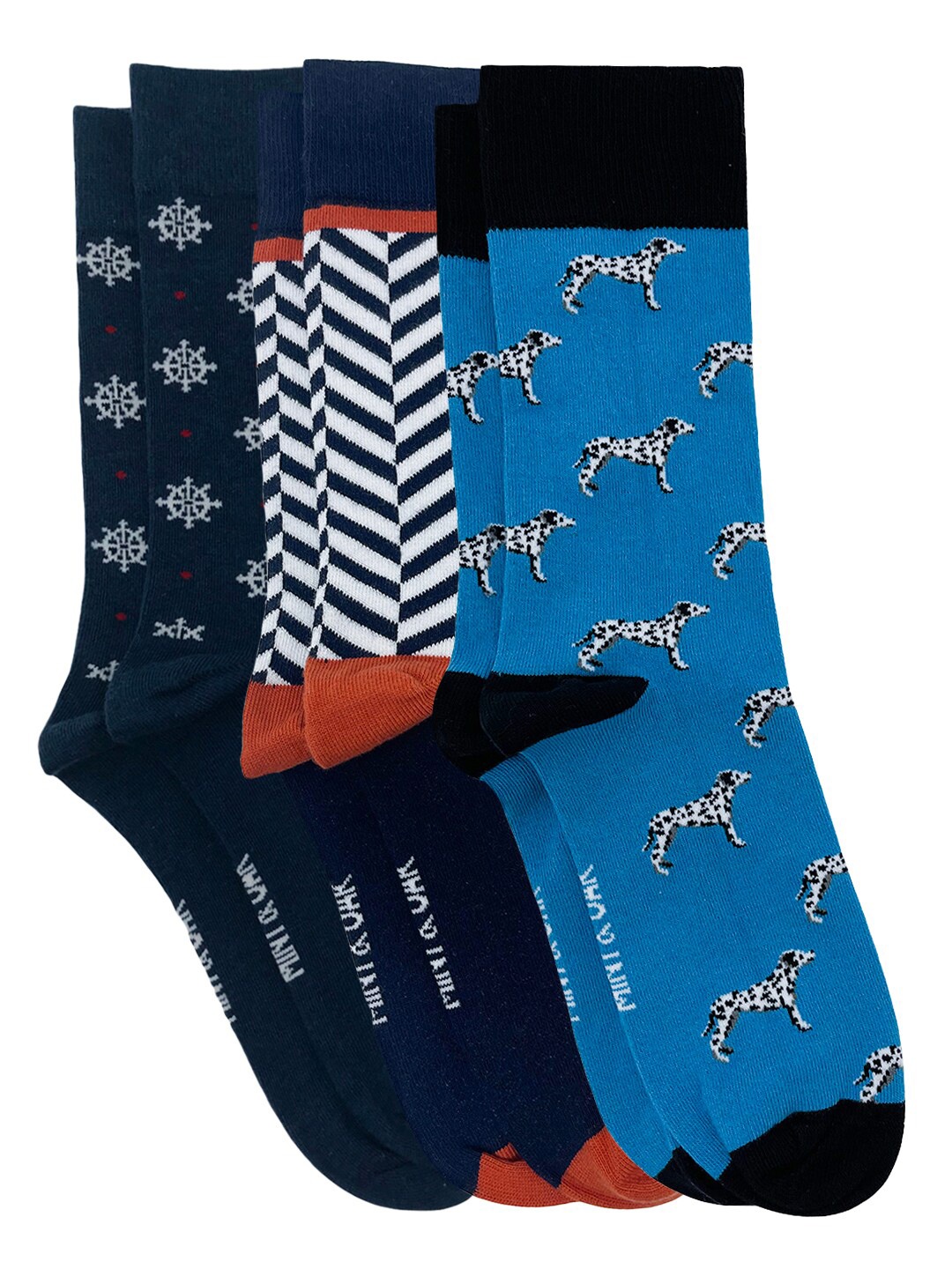 

Mint & Oak Men Pack Of 3 Patterned Calf-Length Cotton Socks, Blue