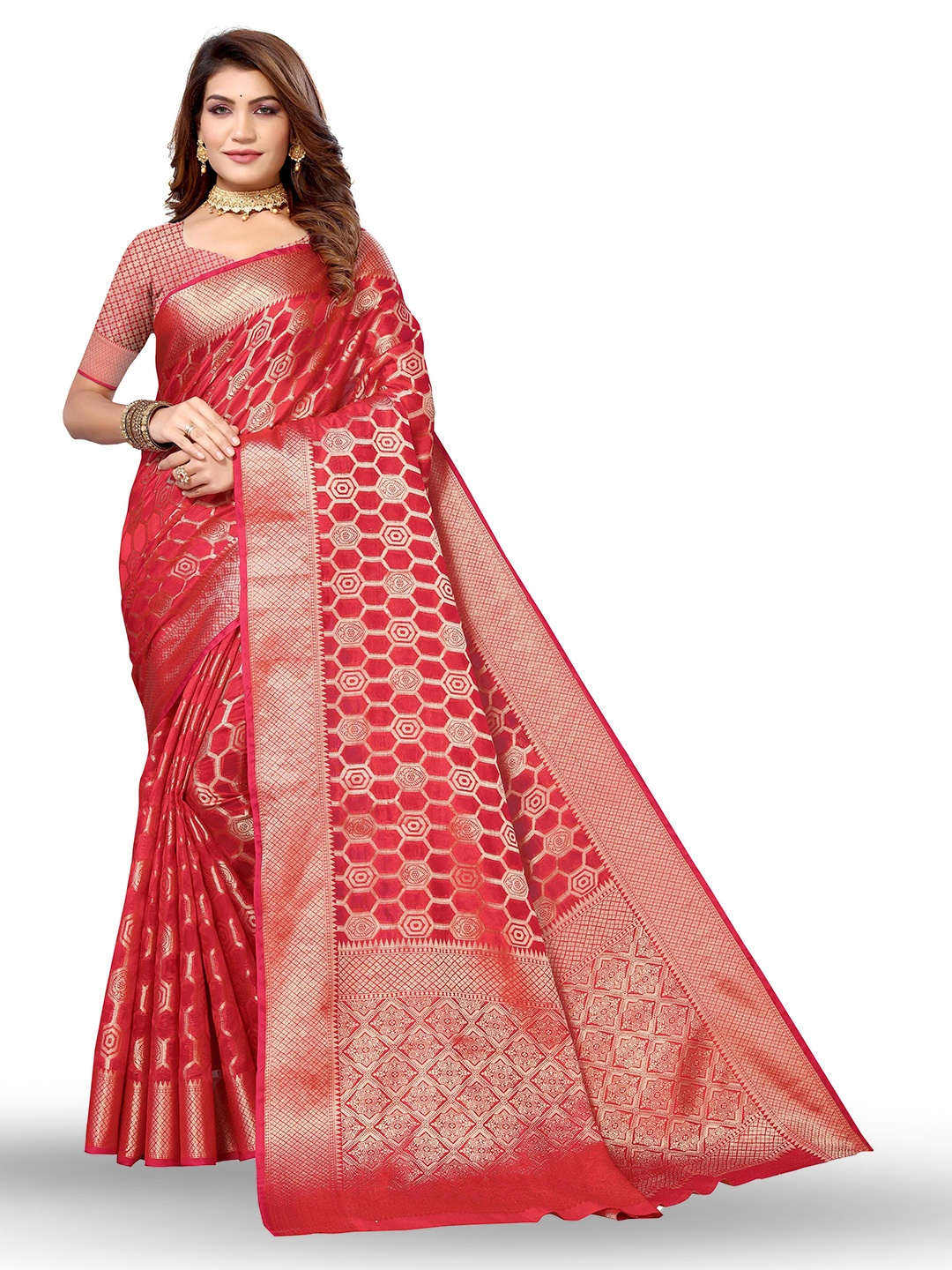 

KALINI Ethnic Motifs Woven Design Zari Kanjeevaram Saree, Red