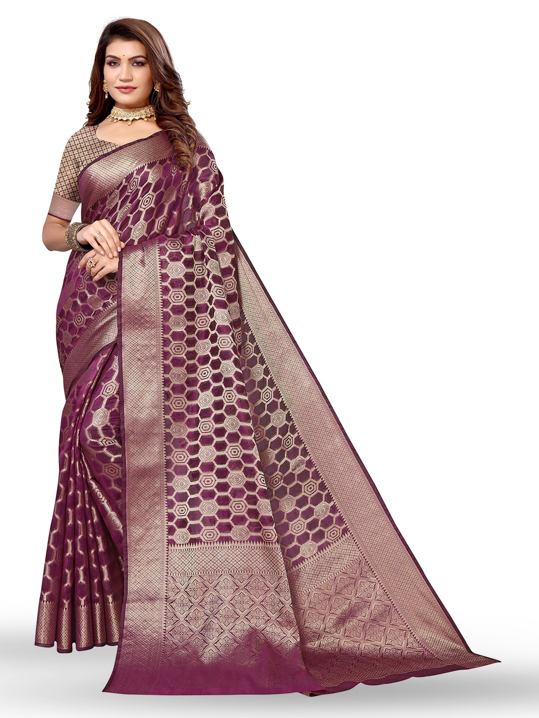 

KALINI Ethnic Motifs Woven Design Zari Kanjeevaram Saree, Purple