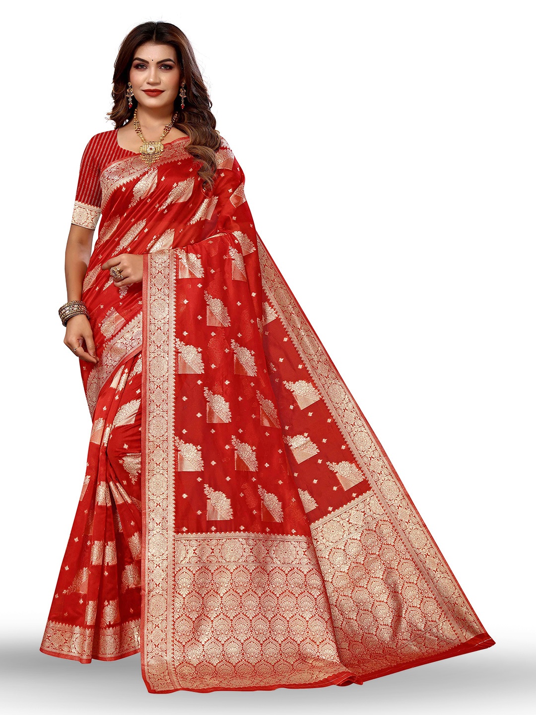 

KALINI Floral Woven Design Zari Kanjeevaram Saree, Red