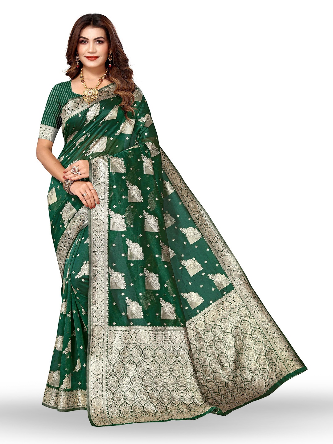 

KALINI Ethnic Motifs Woven Design Zari Detailed Kanjeevaram Saree, Green