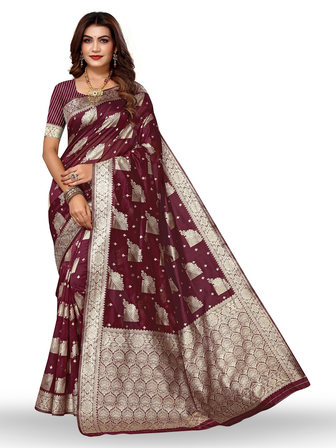 

KALINI Woven Design Zari Kanjeevaram Saree, Brown