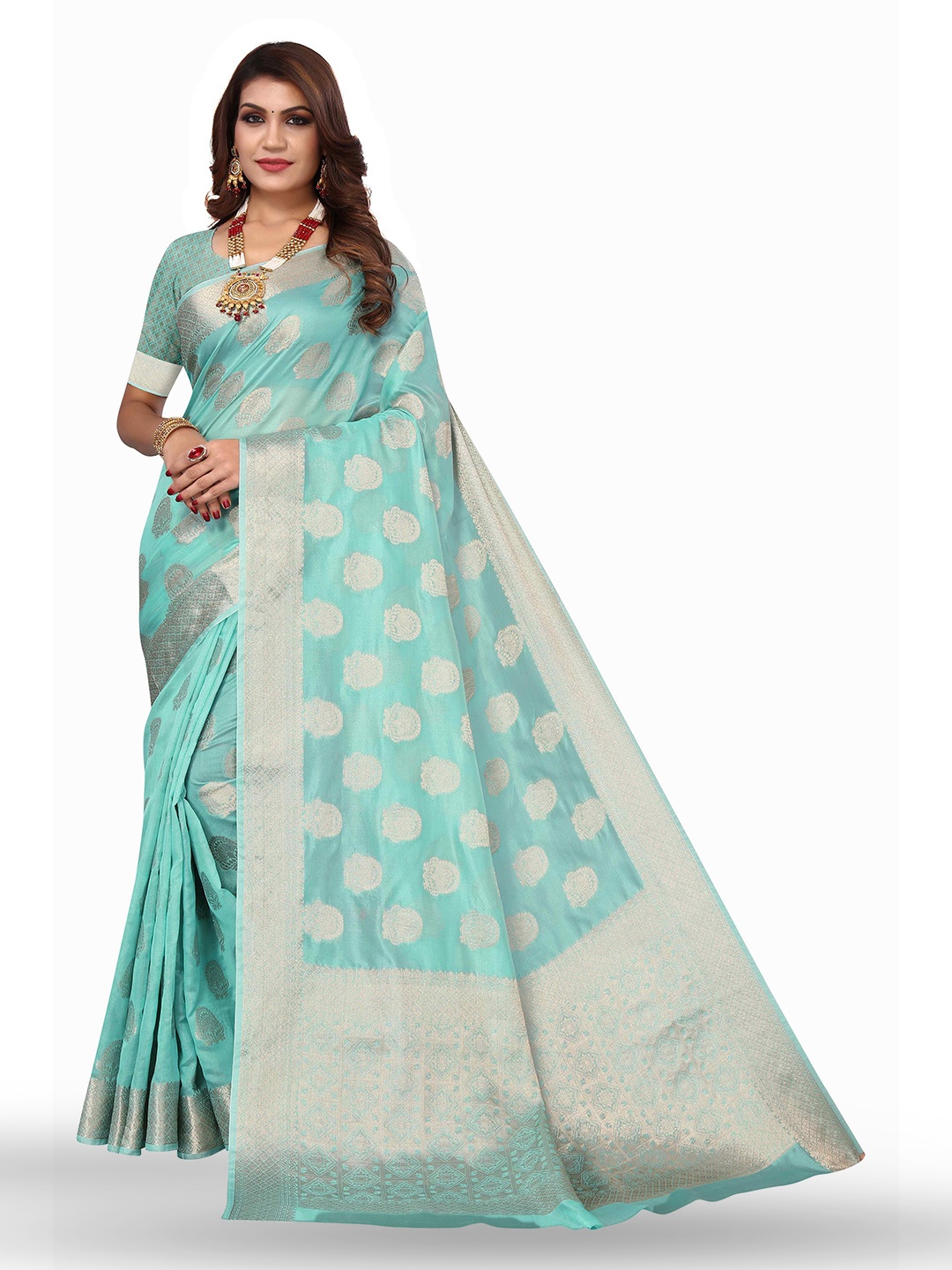 

KALINI Ethnic Motifs Woven Design Zari Silk Blend Kanjeevaram Saree, Blue