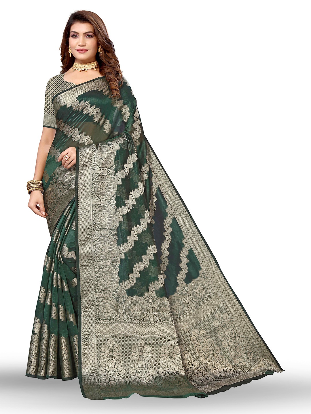 

KALINI Woven Design Zari Kanjeevaram Saree, Green