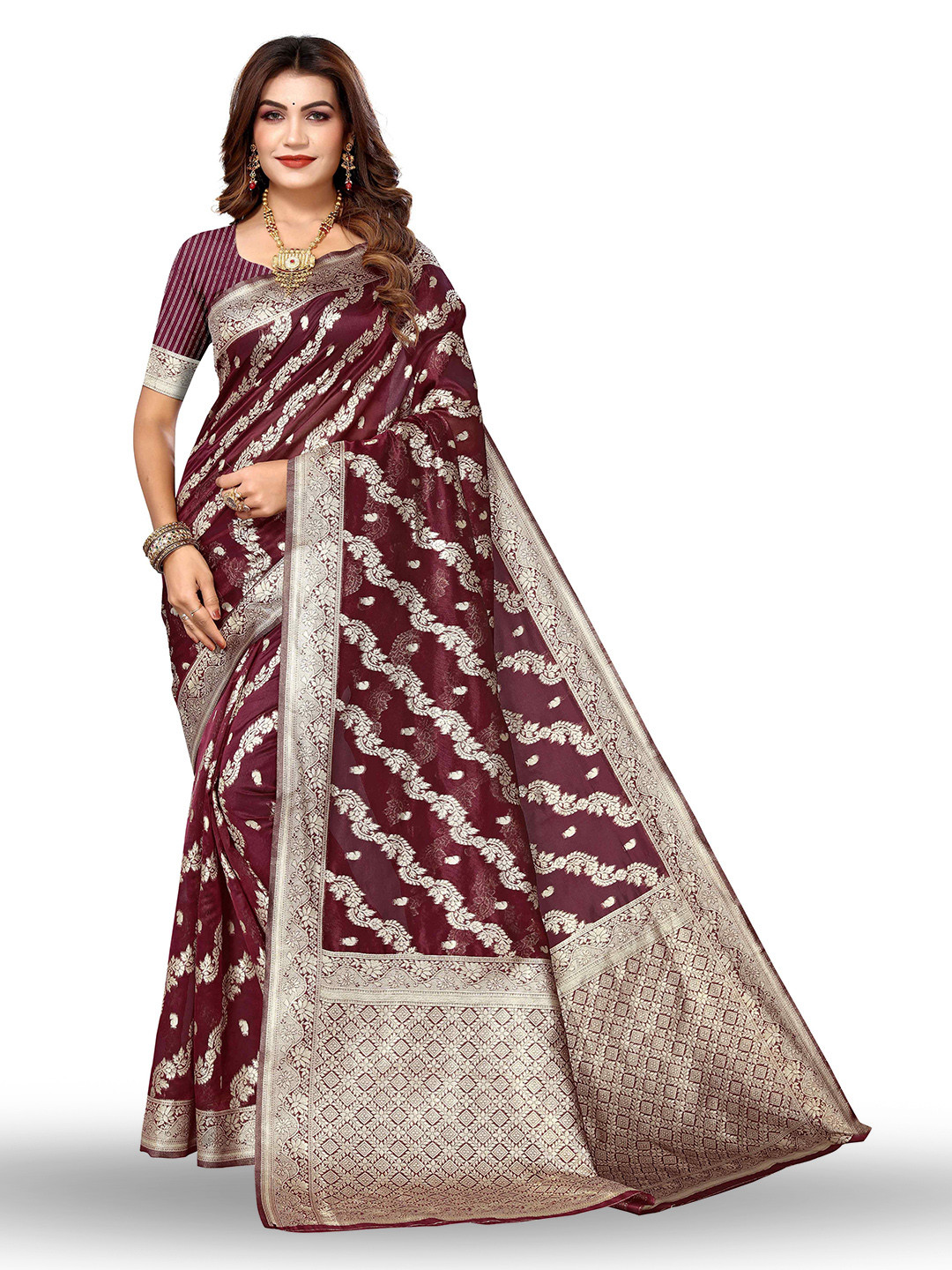 

KALINI Ethnic Motifs Woven Design Zari Kanjeevaram Saree, Brown